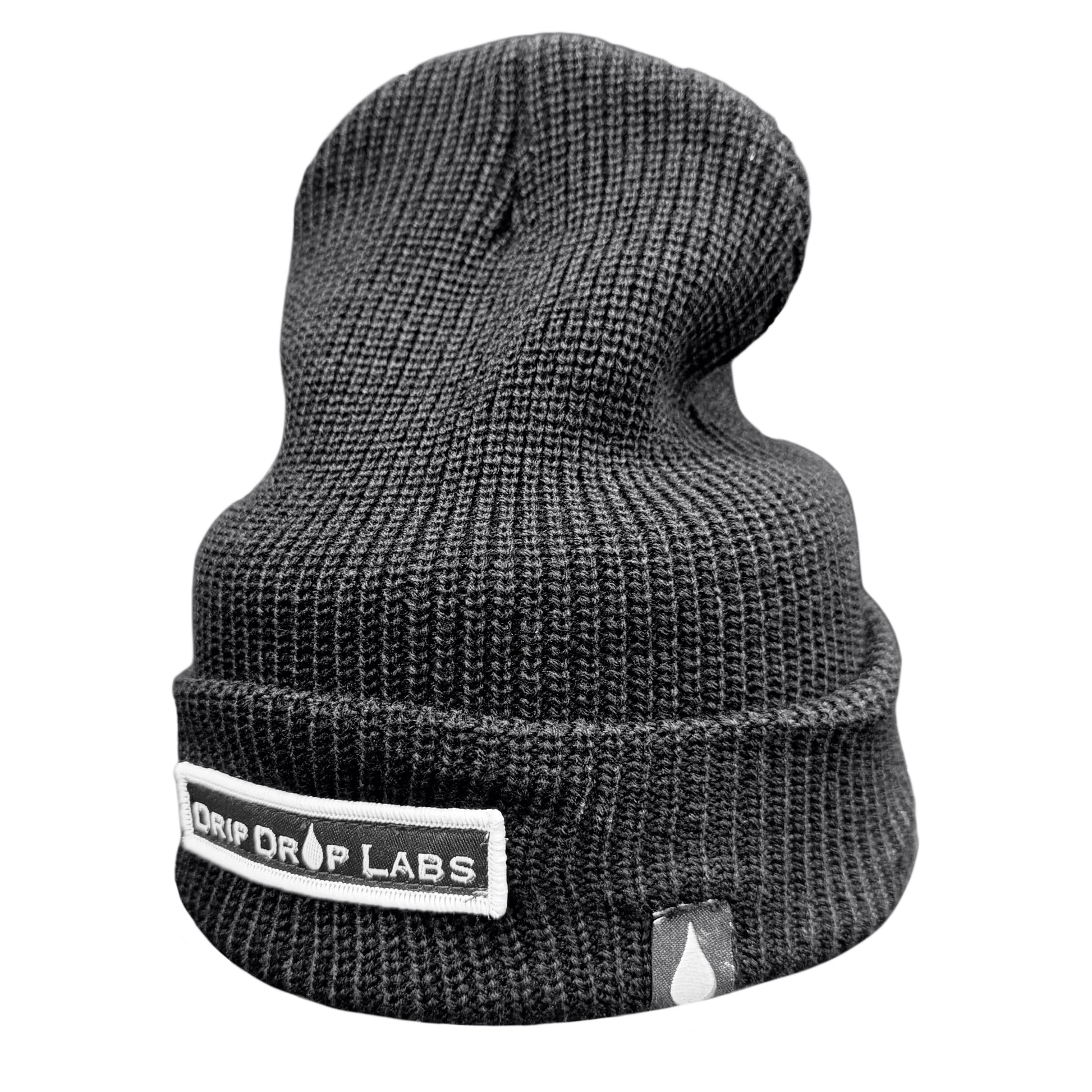 Orange Drip Drop Labs beanie with black logo patch, knit fabric, and snug fit, perfect for cold weather.