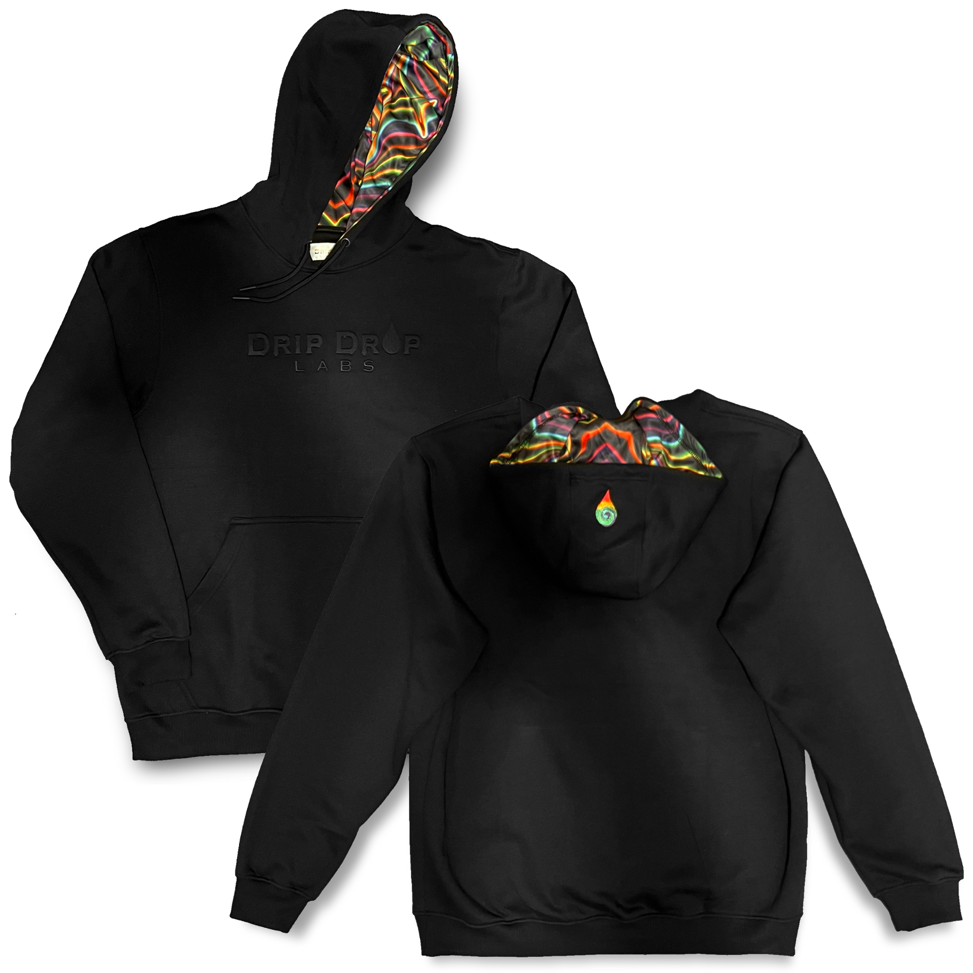 Drip Drop Labs embossed athletic hoodie with textured logo design, black fabric, and a comfortable fit.