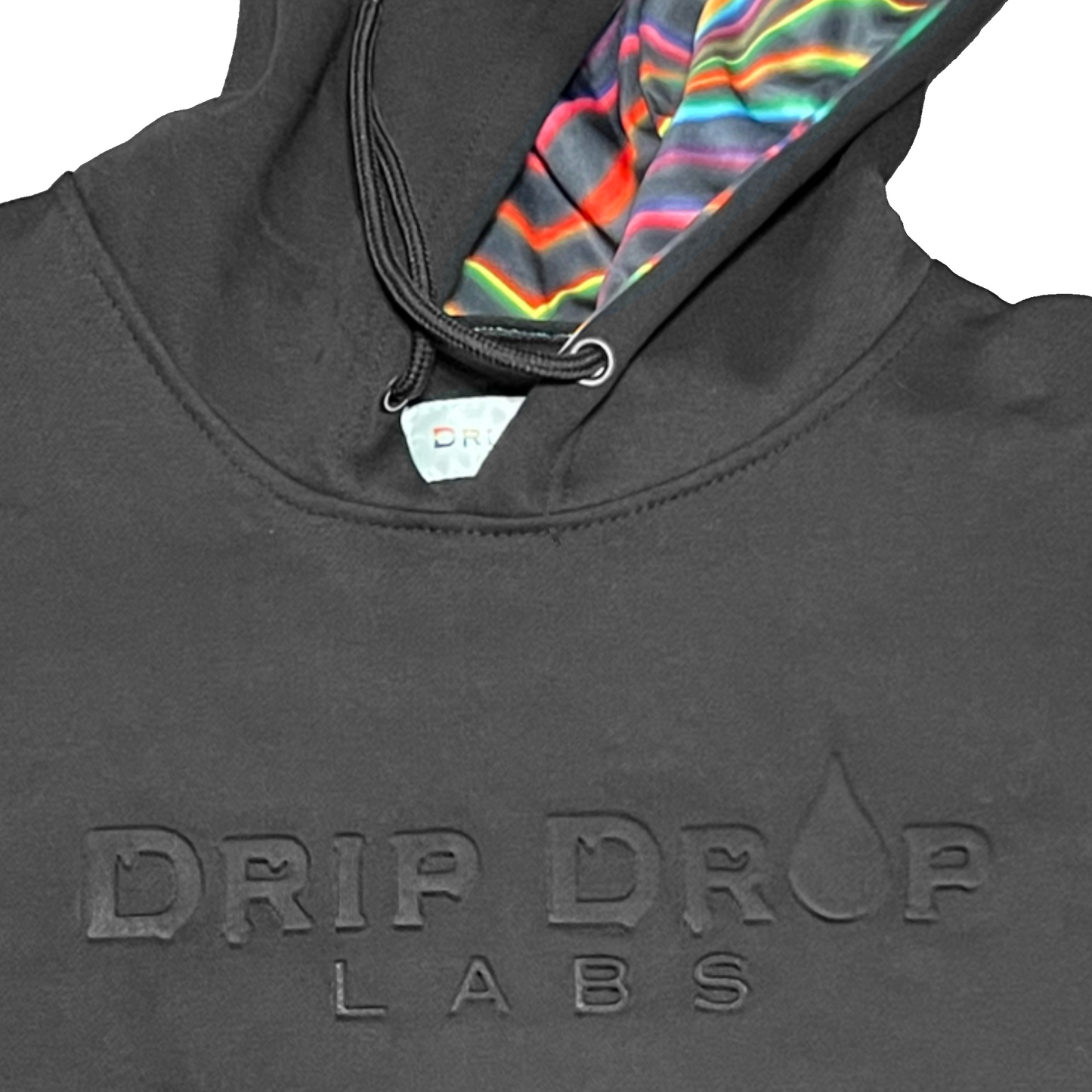 Drip Drop Labs embossed athletic hoodie in black with logo details, made from comfortable, soft fabric for casual wear.