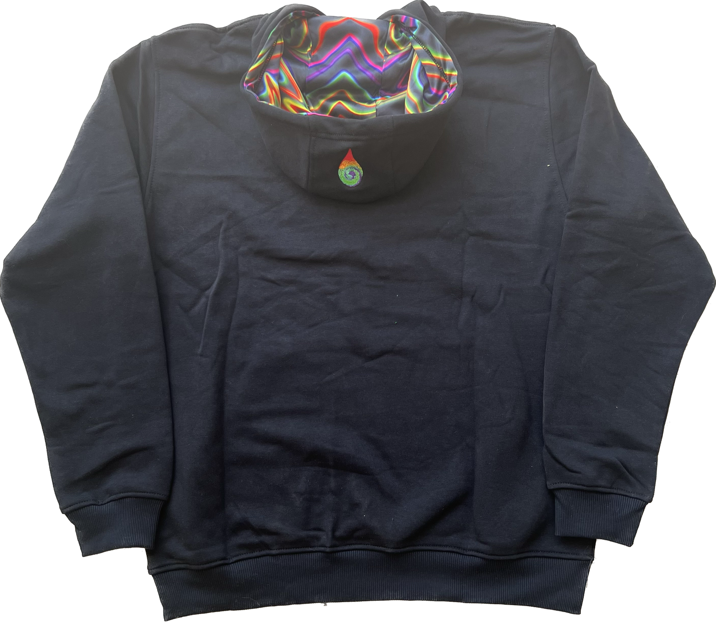 Drip Drop Labs embossed athletic hoodie with textured logo and comfortable fit, black color, front view.