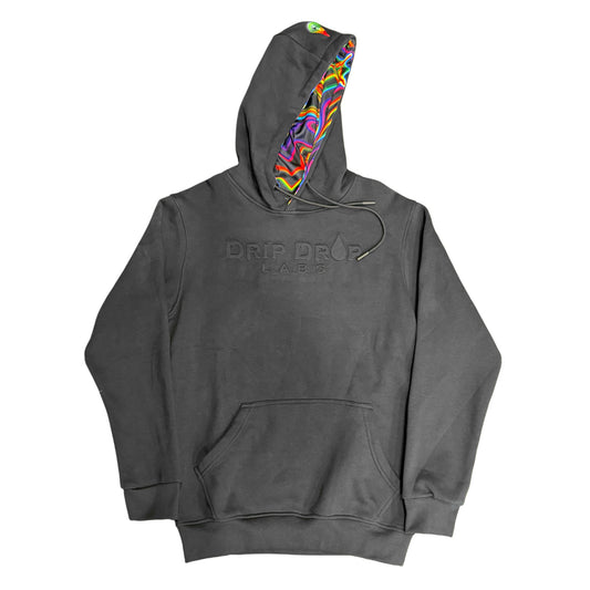 Black Drip Drop Labs embossed athletic hoodie with textured logo and comfortable fit, casual streetwear style.