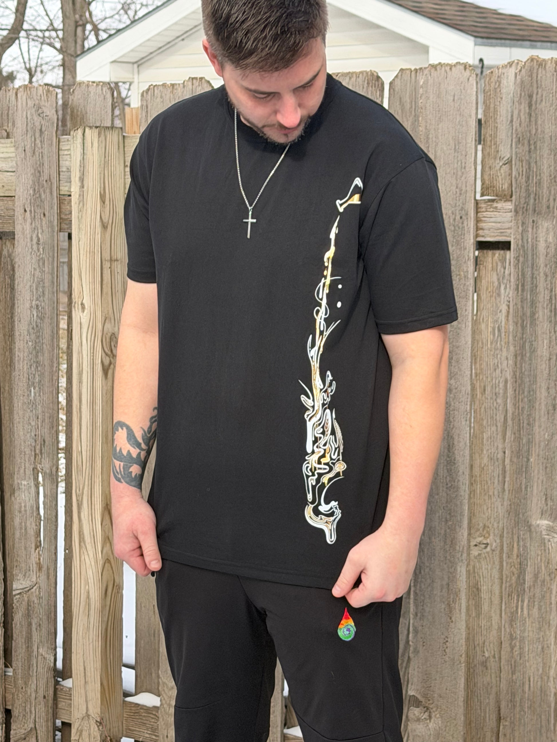 Golden Flow Tee by Drip Drop Labs, a stylish unisex T-shirt with a vibrant graphic design, casual fit and comfortable fabric.