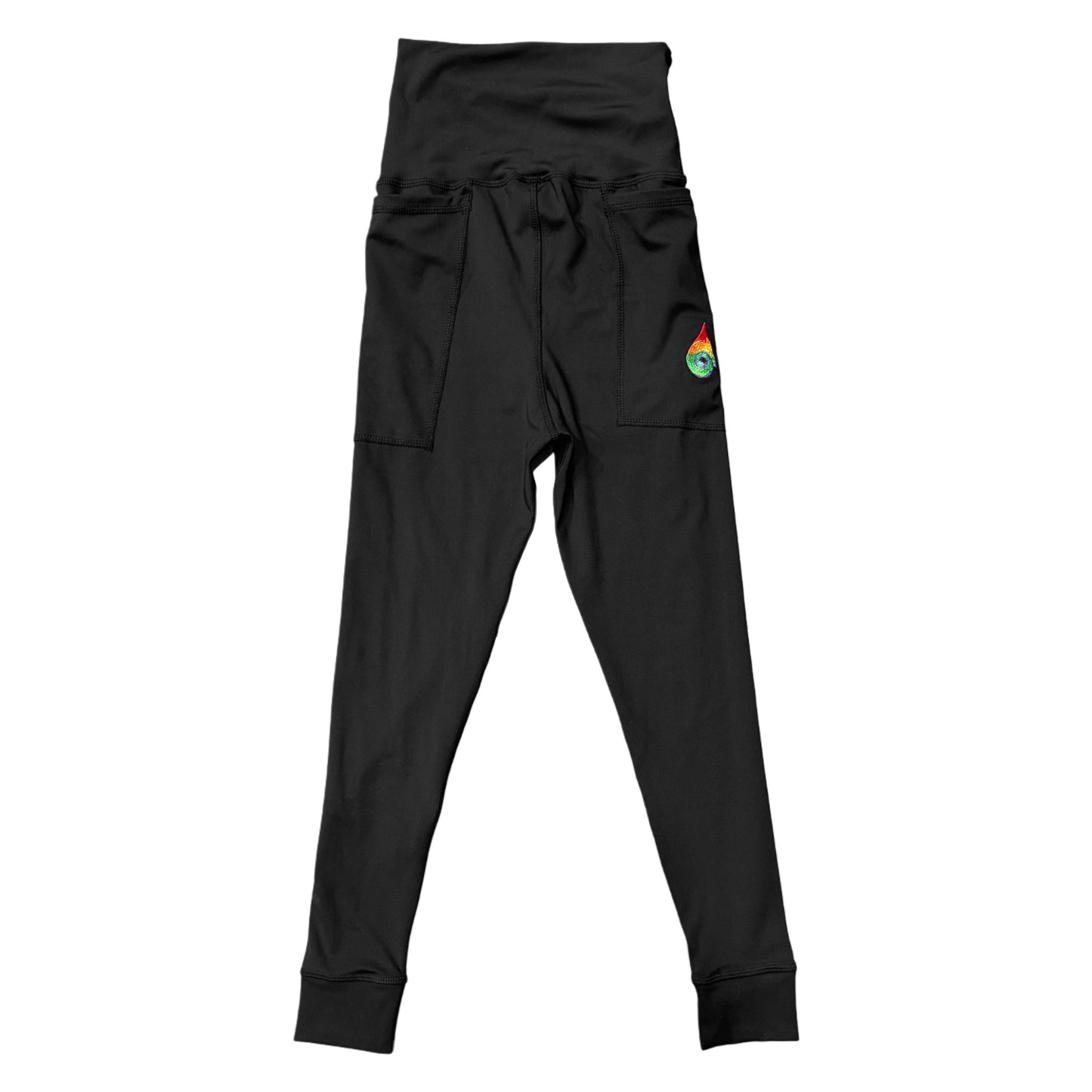 Black Drip Drop Labs leggings with a sleek, fitted design and subtle branding, perfect for athletic or casual wear.