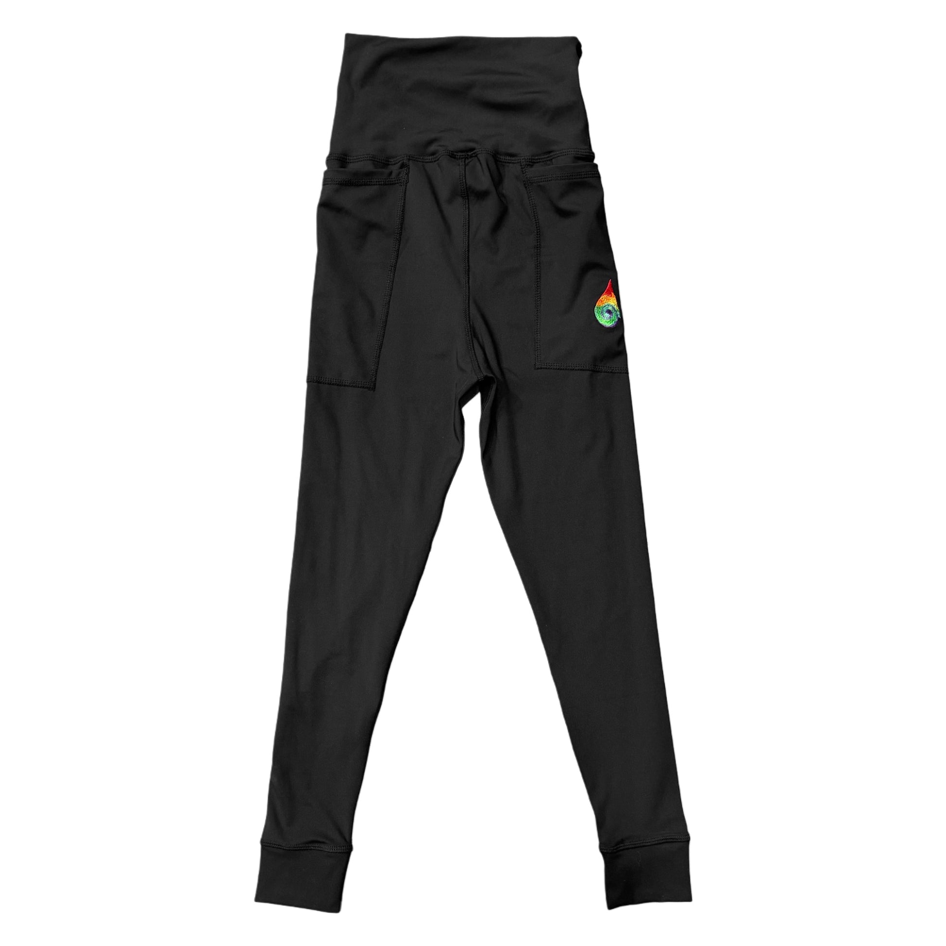 Black Drip Drop Labs leggings with a sleek, fitted design and subtle branding, perfect for athletic or casual wear.