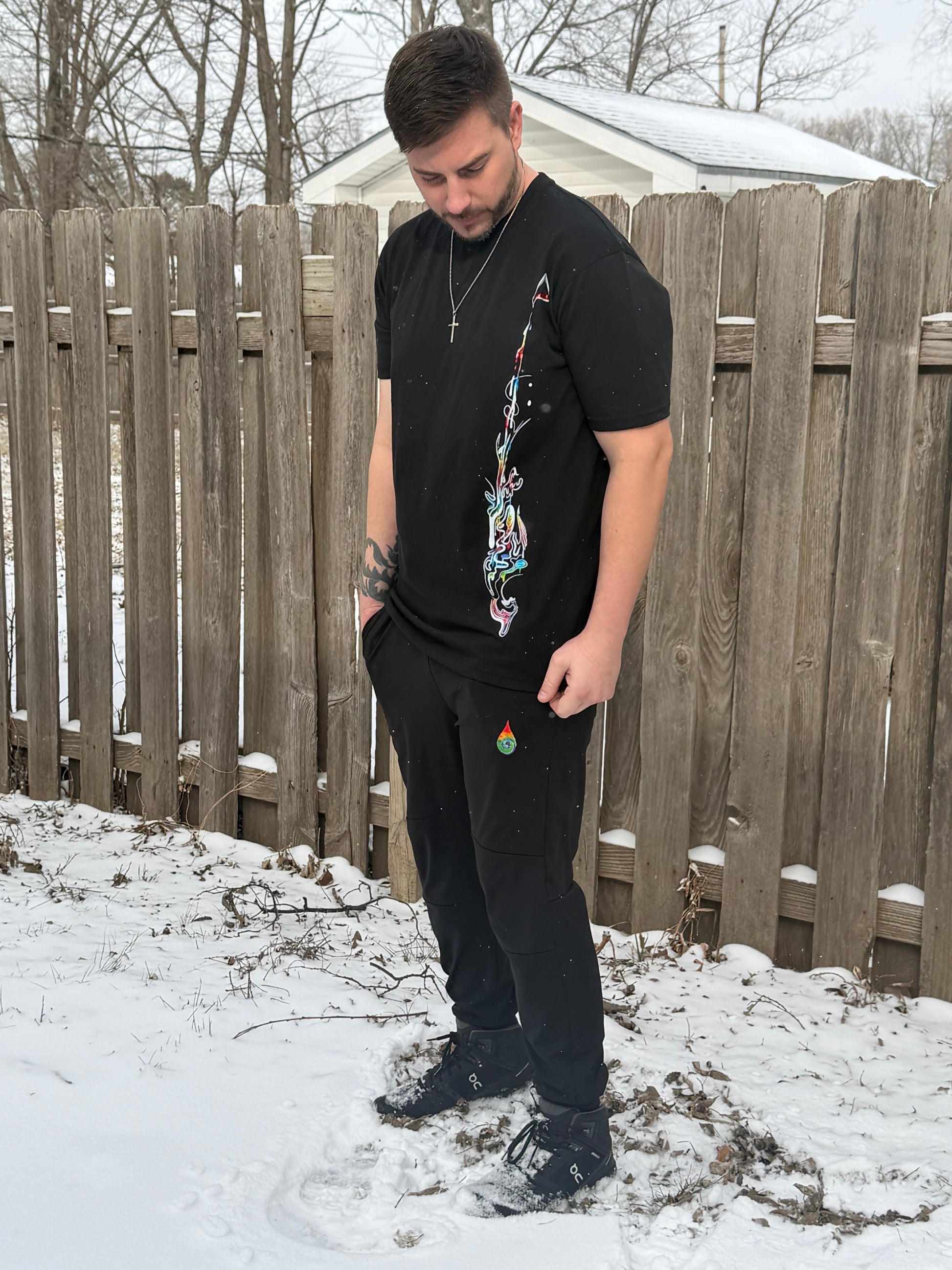 Drip Drop Labs Prism Flow Tee T-shirt with colorful geometric design on front, casual fit and soft fabric.