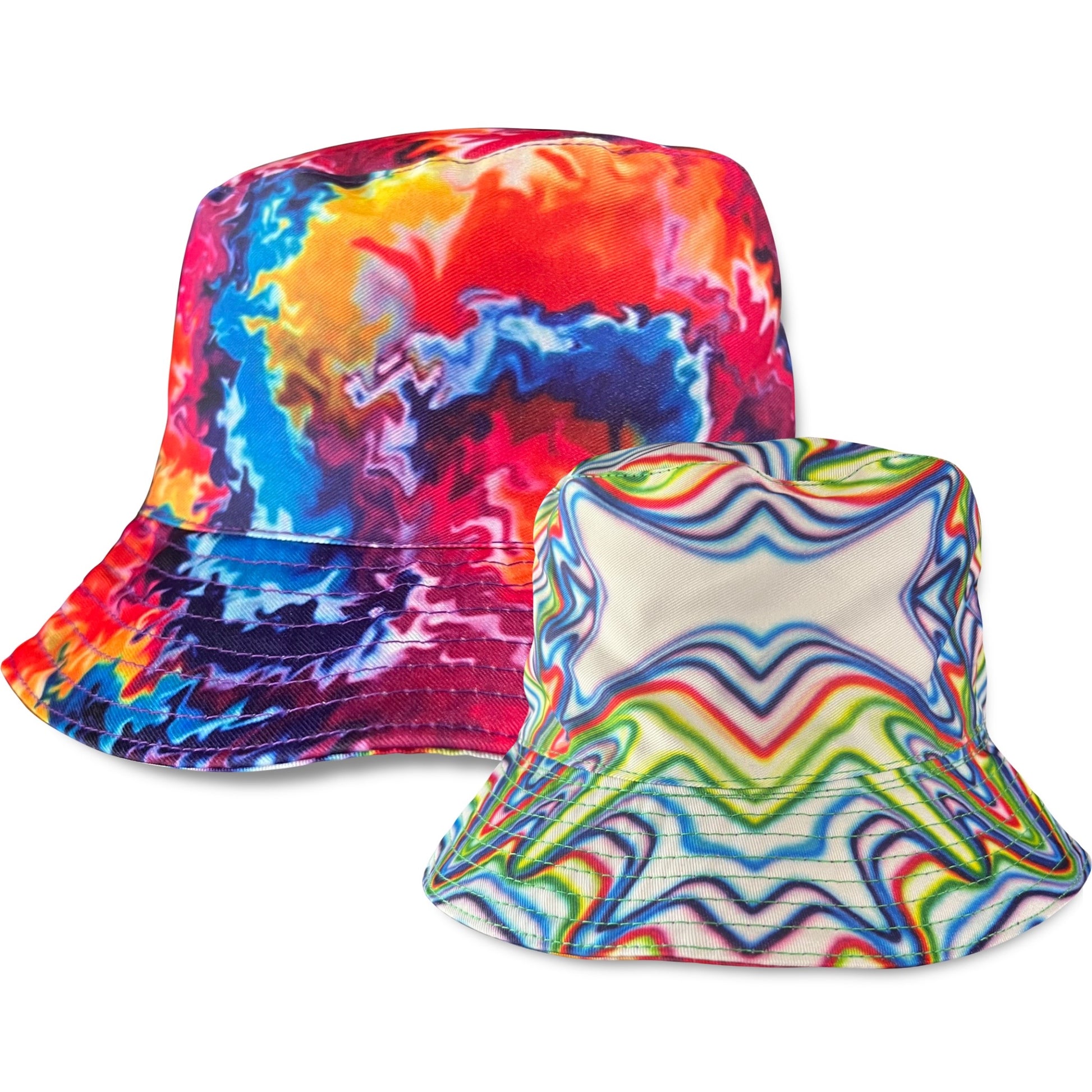 Reversible bucket hat by Drip Drop Labs featuring vibrant patterns, casual style, and adjustable brim for sun protection.