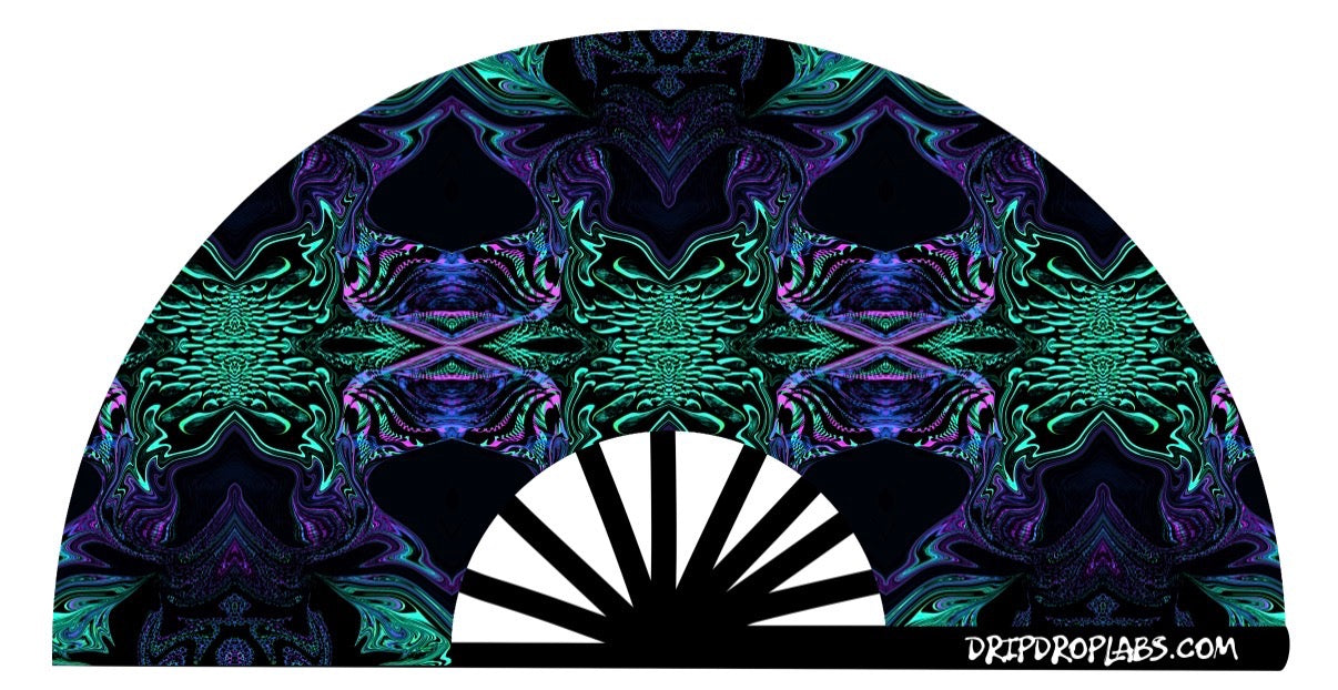 Drip Drop Labs Glitch Instinct Glow Fan with colorful LED lights, compact handheld fan for personal cooling and style.