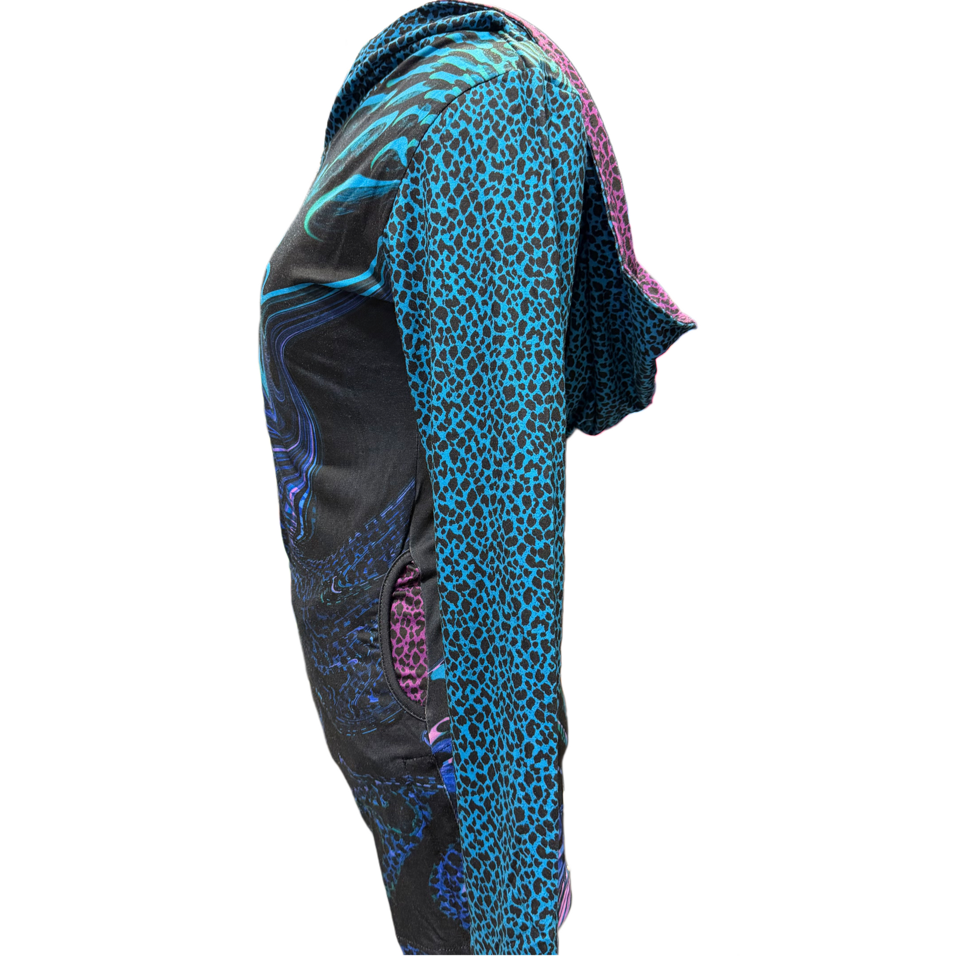 Drip Drop Labs Glitch Instinct hooded rave romper with cyber animal print, featuring a bold festival fit and vibrant design.