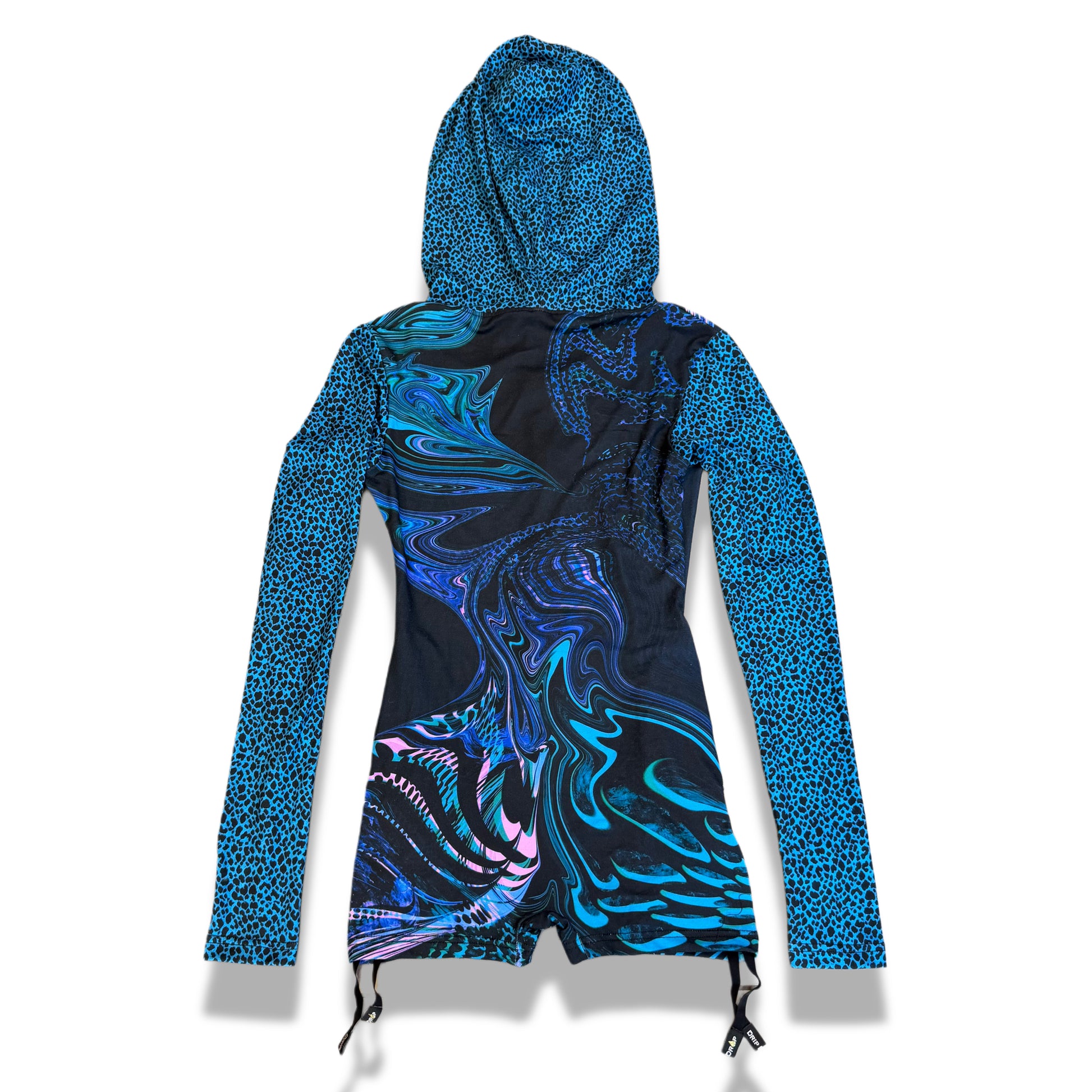 Drip Drop Labs Glitch Instinct hooded rave romper with cyber animal design, featuring vibrant colors and festival-ready style.