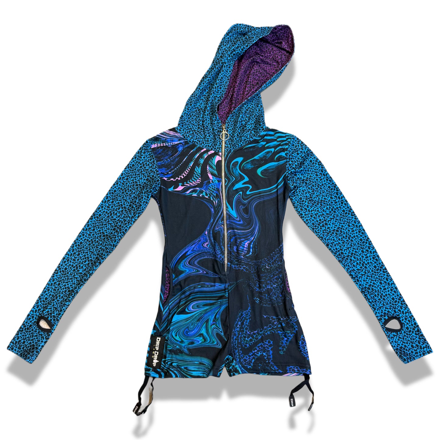 Drip Drop Labs Glitch Instinct hooded rave romper featuring a cyber animal festival design with bold colors and futuristic style.