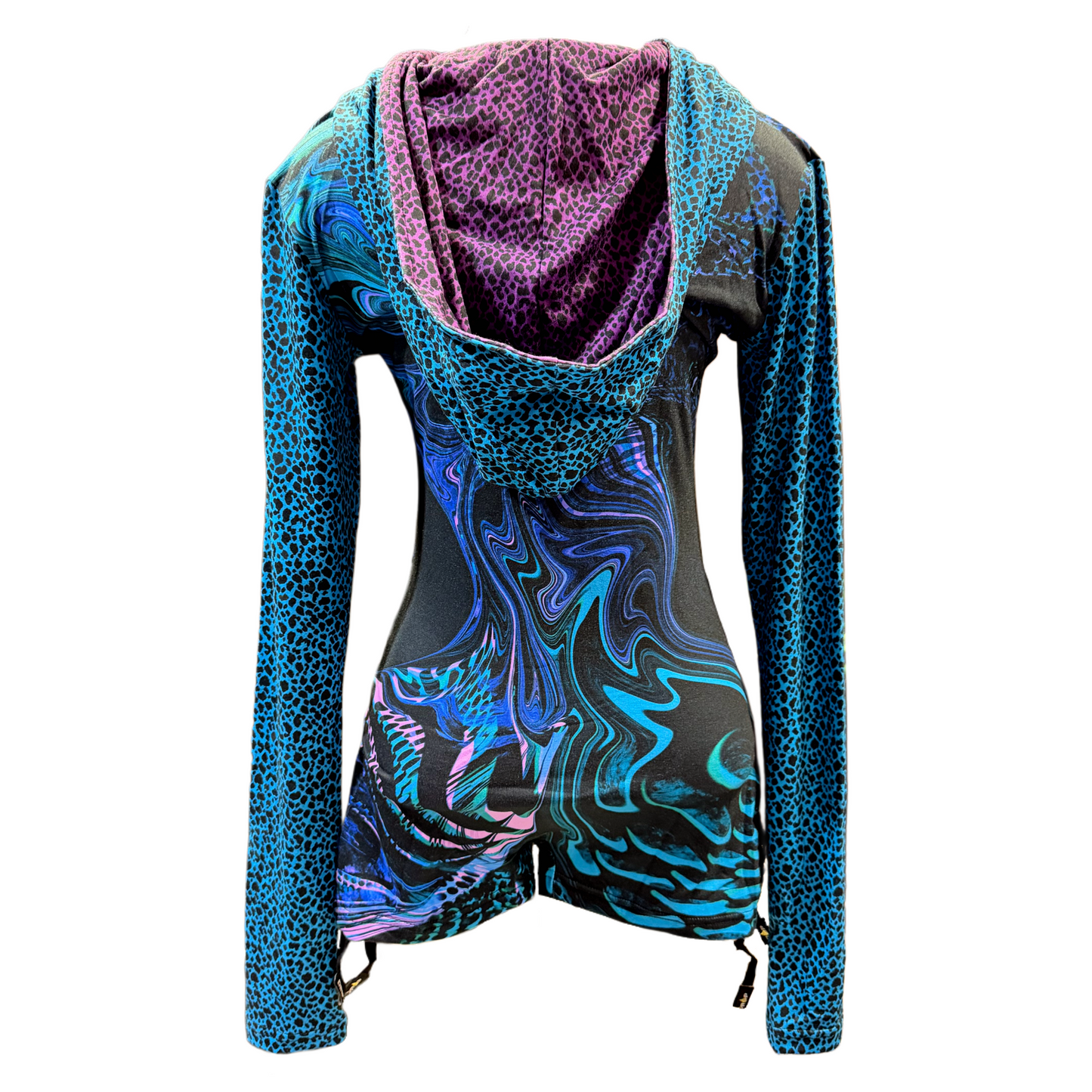 Drip Drop Labs Glitch Instinct hooded rave romper with cyber animal print, featuring a vibrant, futuristic design for festival wear.