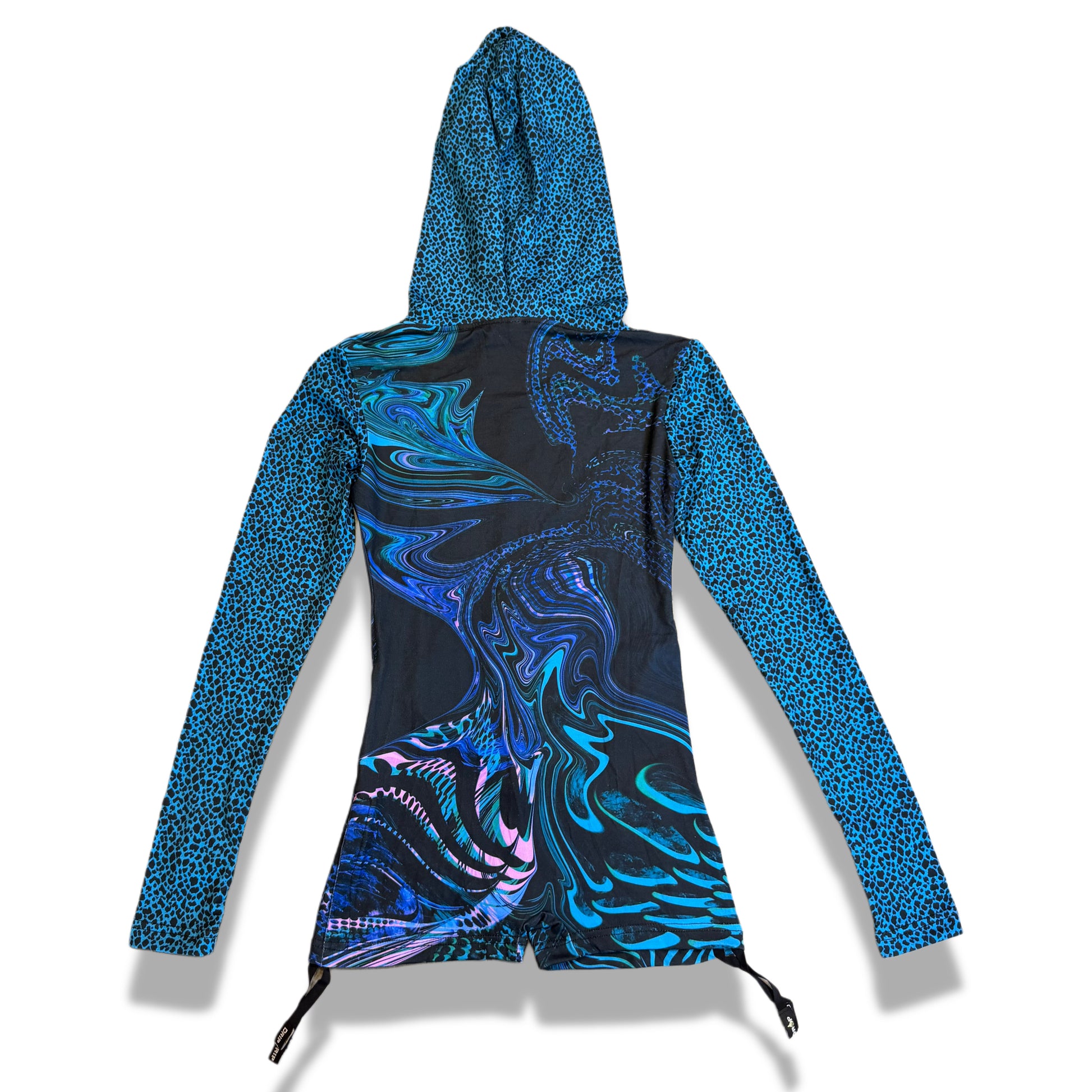 Drip Drop Labs Glitch Instinct hooded rave romper featuring cyber animal design, vibrant colors, and festival-ready fit.