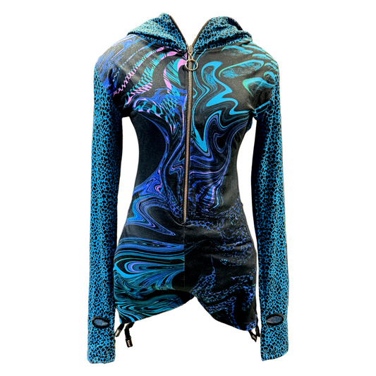 Drip Drop Labs Glitch Instinct hooded rave romper with cyber animal design, vibrant festival fit, and bold, futuristic style.