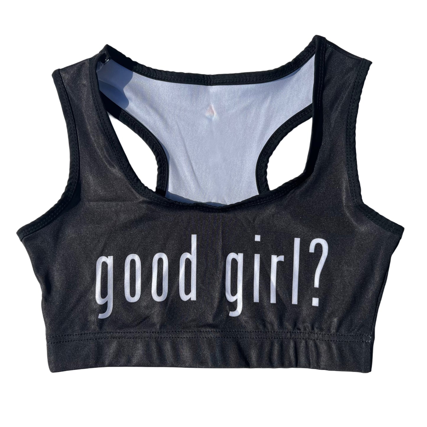 Drip Drop Labs Good Girl? sports bra featuring a sleek, supportive design with adjustable straps and breathable fabric.