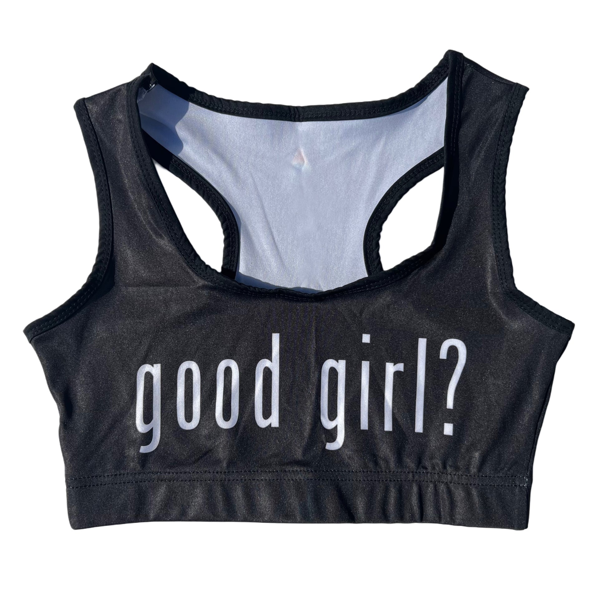 Drip Drop Labs Good Girl? sports bra featuring a sleek, supportive design with adjustable straps and breathable fabric.