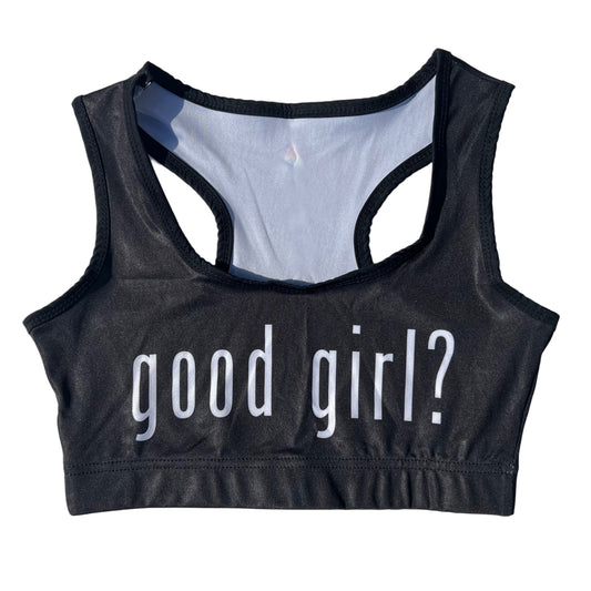 Black Drip Drop Labs Good Girl? sports bra with racerback design and logo detail, made for comfortable active wear.