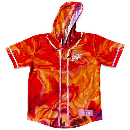 Drip Drop Labs GrizDrip Sunrise hooded baseball jersey with vibrant sunrise design and athletic fit.