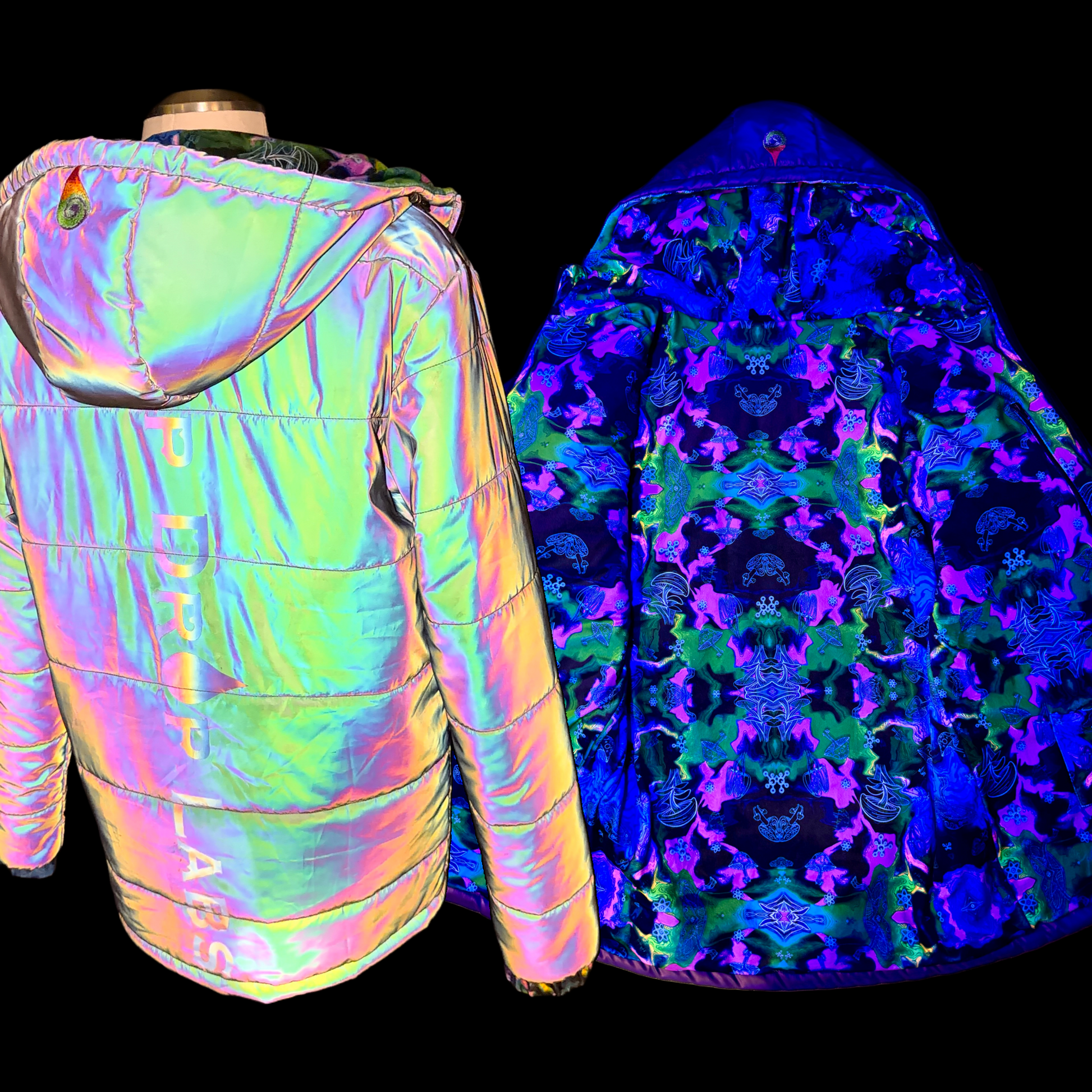 Holographic Dual Reflective Puffer Jacket - EDM Winter Coat - Drip Drop Labs