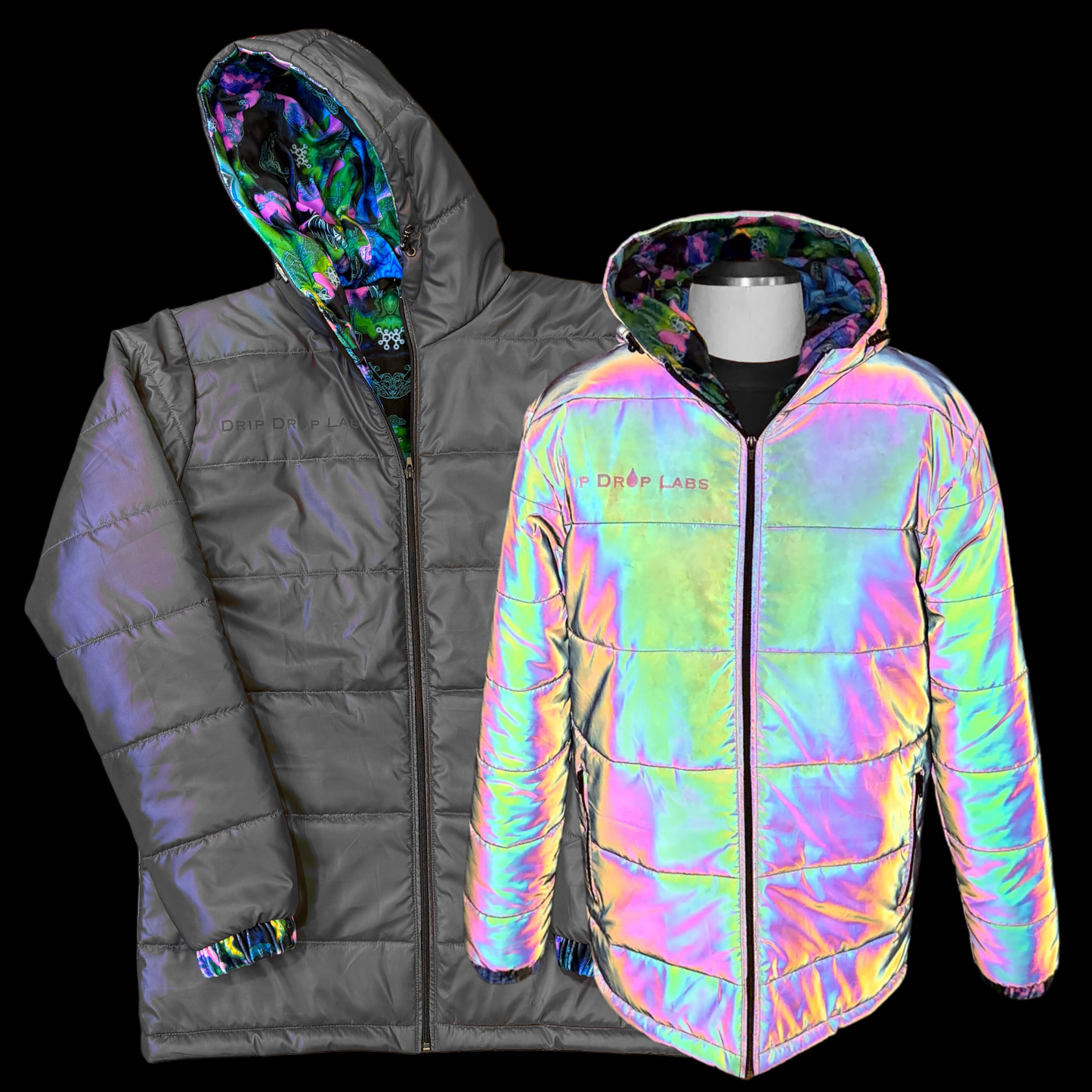 Holographic Dual Reflective Puffer Jacket - EDM Winter Coat - Drip Drop Labs