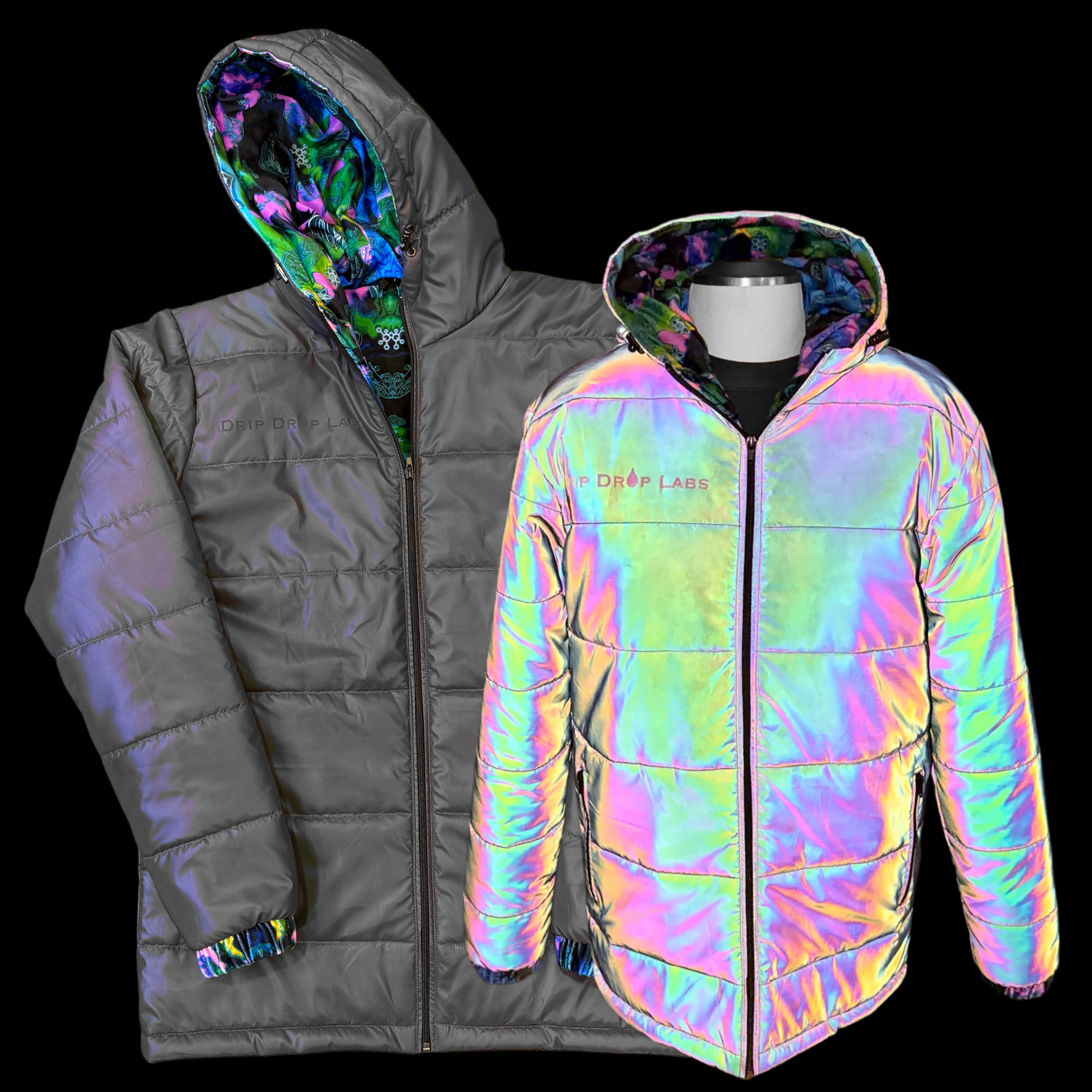 Holographic Dual Reflective Puffer Jacket - EDM Winter Coat - Drip Drop Labs