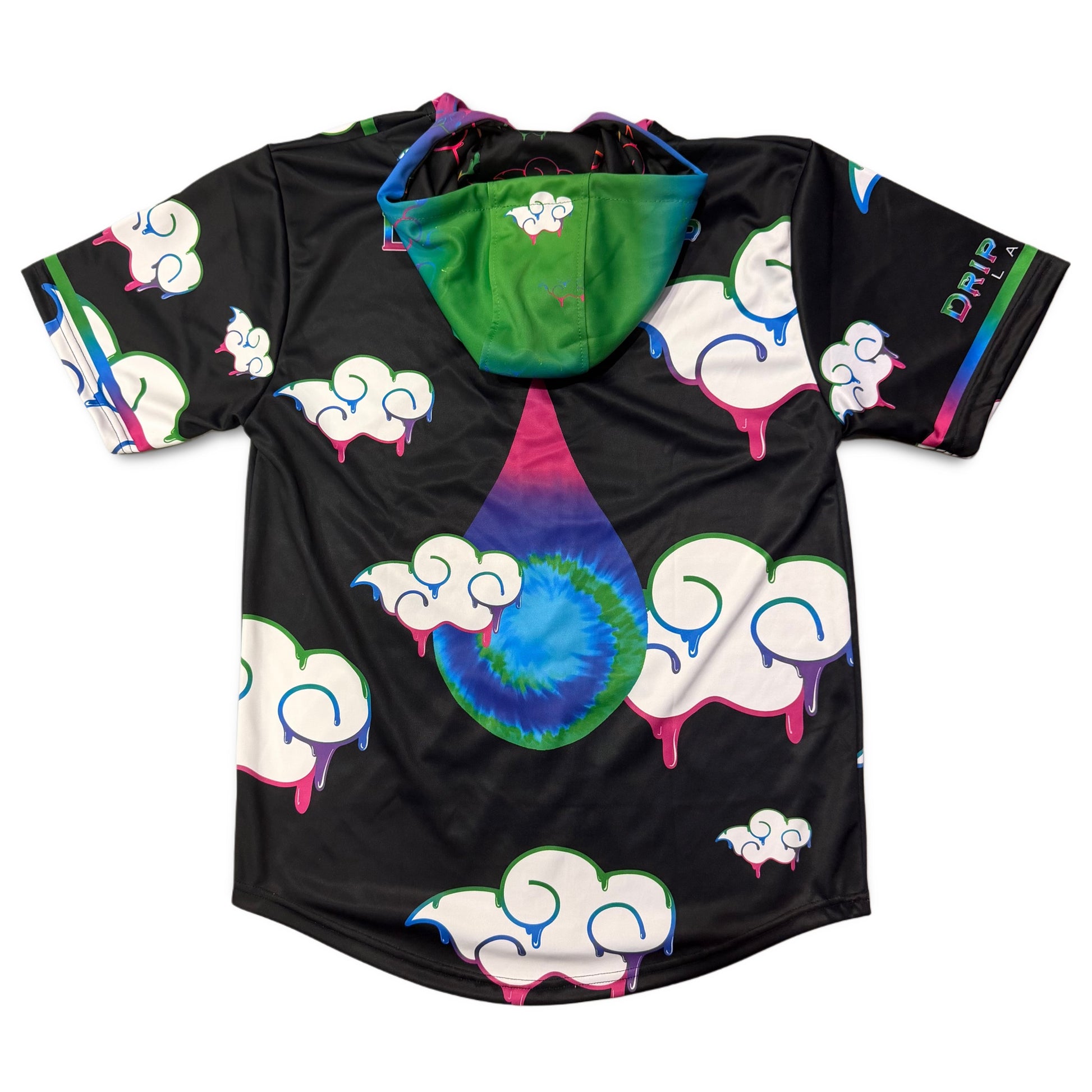 JuicyDrip hooded baseball jersey by Drip Drop Labs featuring a stylish design and comfortable fit, shown on a model.