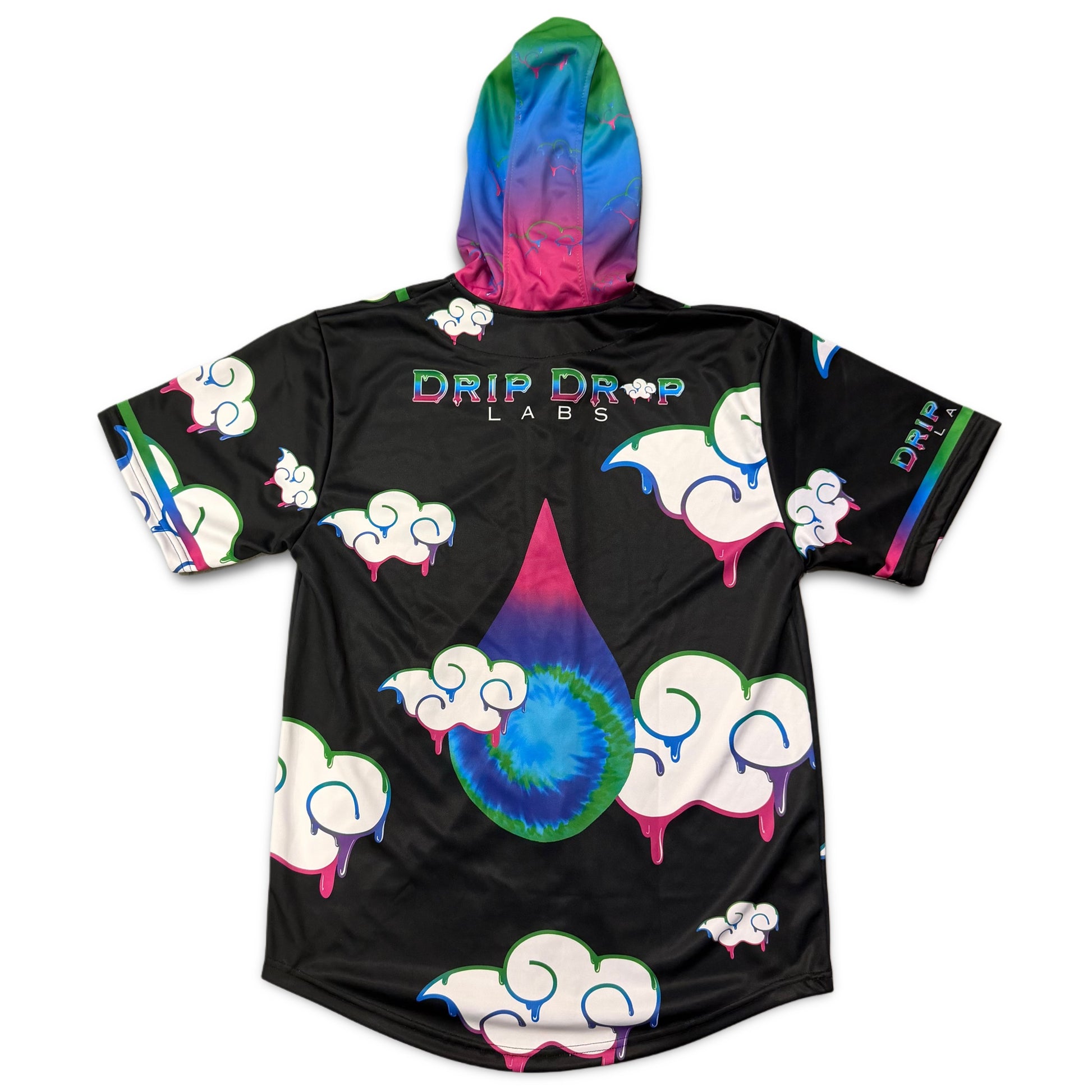 JuicyDrip hooded baseball jersey by Drip Drop Labs featuring a stylish design with a hood and classic baseball jersey style.