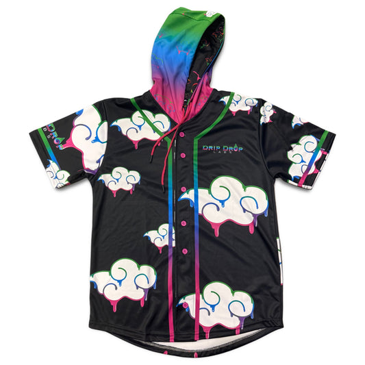 JuicyDrip hooded baseball jersey by Drip Drop Labs, featuring a stylish design with a hood and classic baseball jersey details.