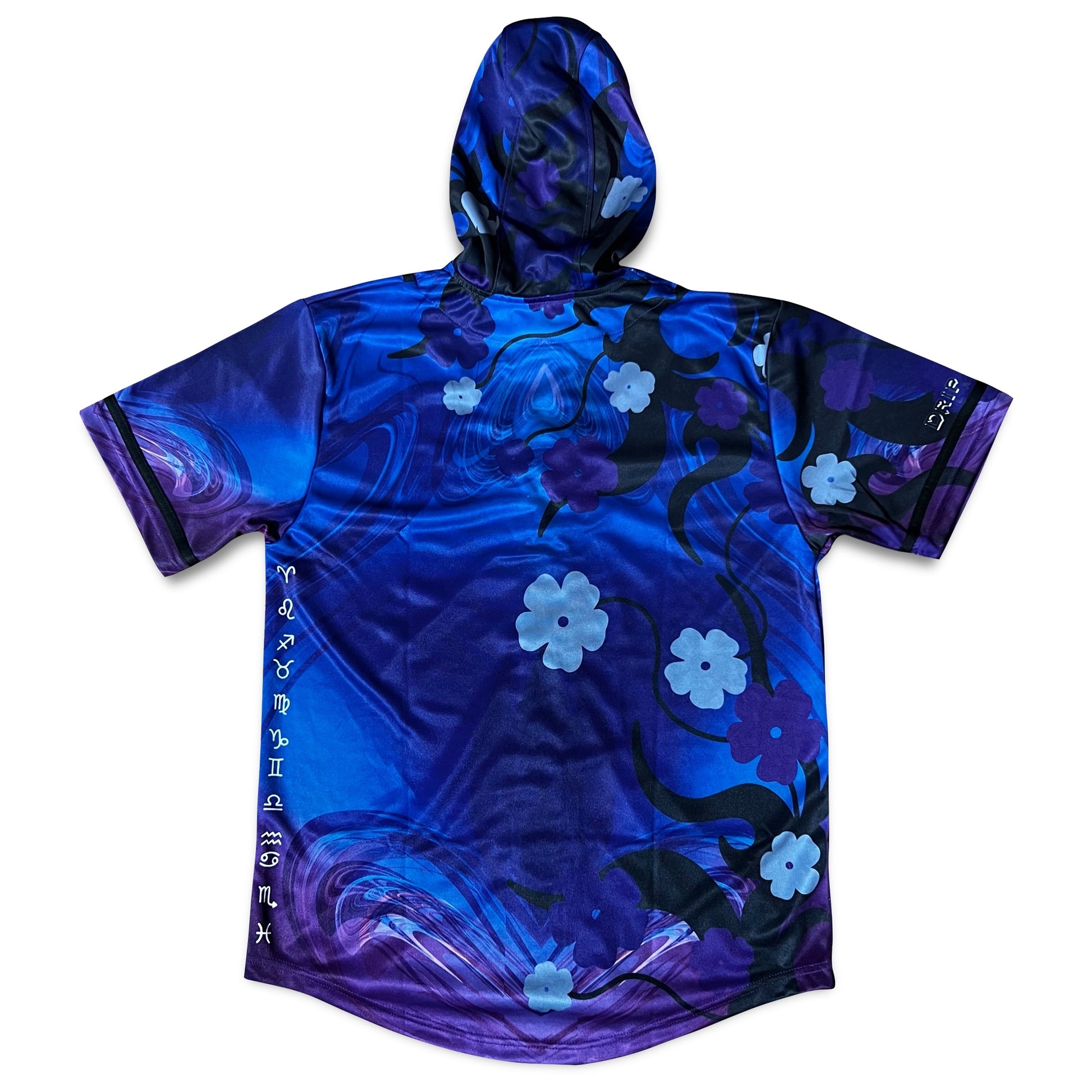 Black hooded baseball jersey by Drip Drop Labs featuring Zodiac-themed design and logo, casual sportswear for everyday wear.