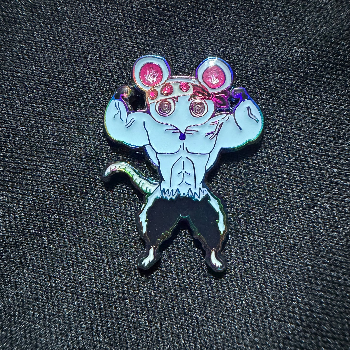 Muscle Muscle Mice enamel pin by Drip Drop Labs featuring a detailed cartoon mouse design on a metal pin.