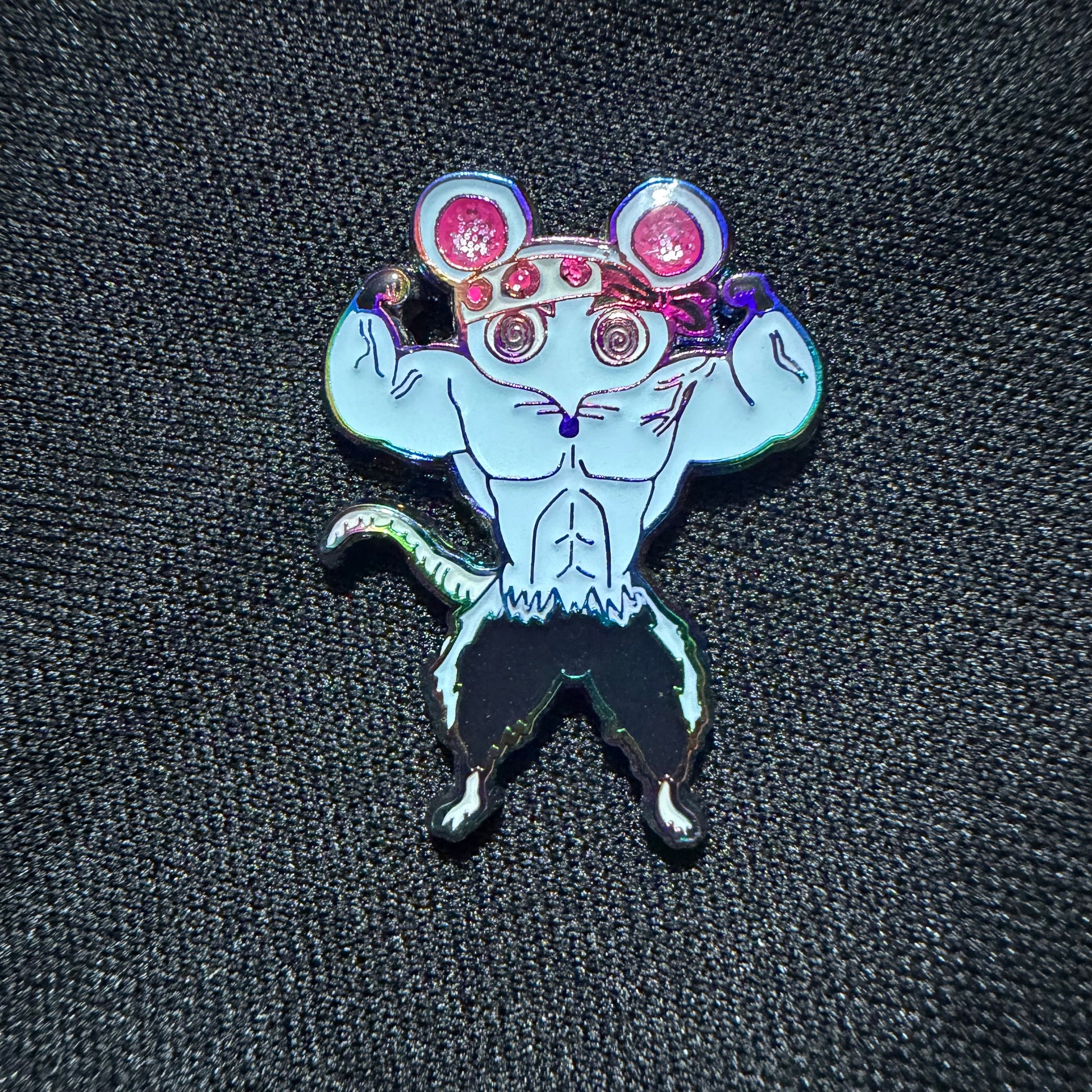 Muscle Muscle Mice enamel pin by Drip Drop Labs featuring a detailed cartoon mouse design on a metal pin.