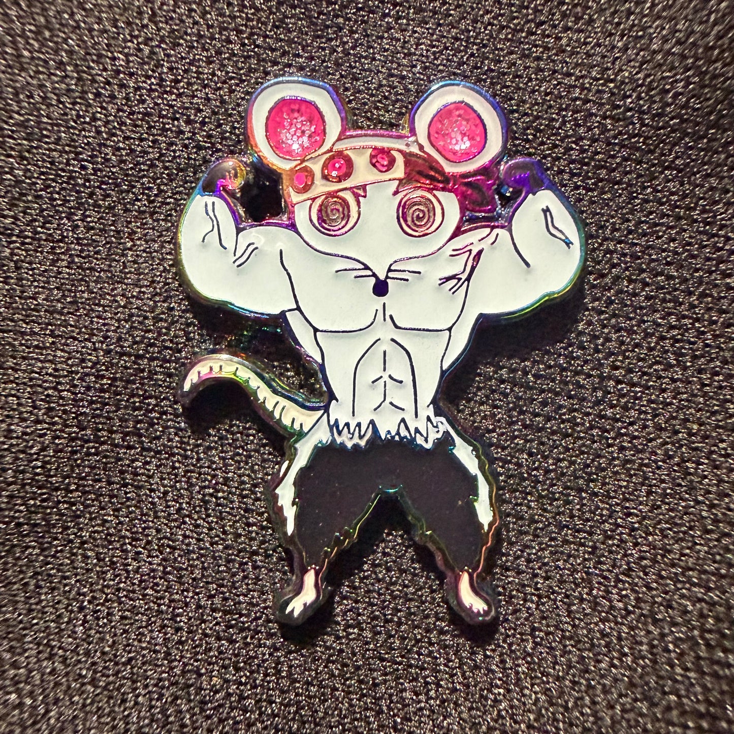 Muscle Muscle Mice enamel pin by Drip Drop Labs featuring a detailed mouse design on a metal pin.