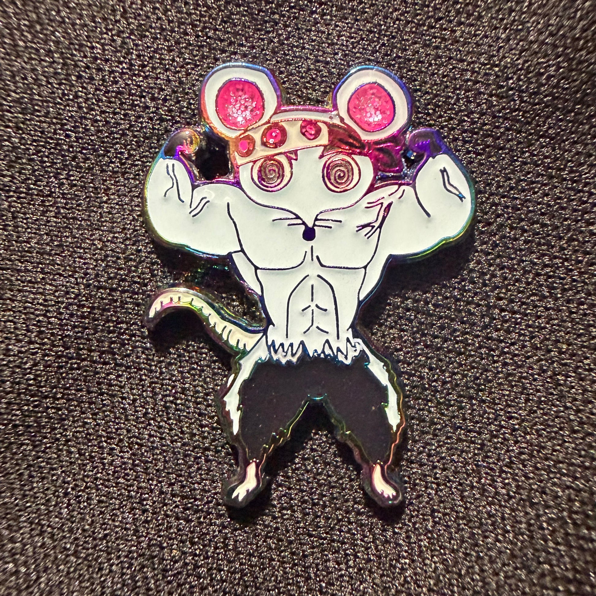 Muscle Muscle Mice enamel pin by Drip Drop Labs featuring a detailed mouse design on a metal pin.