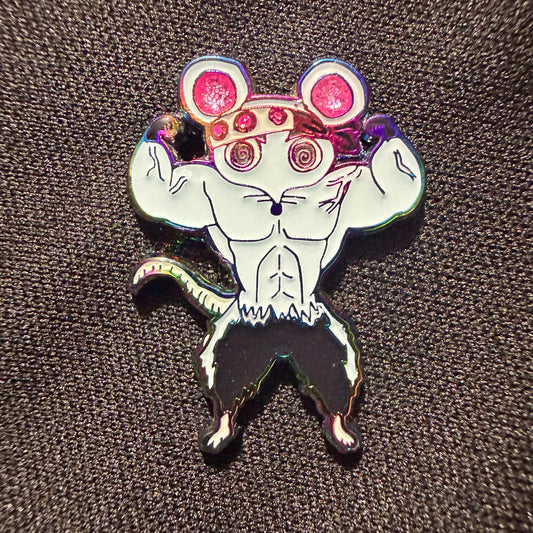Muscle Muscle Mice enamel pin by Drip Drop Labs featuring a detailed mouse character on a metal pin backing.