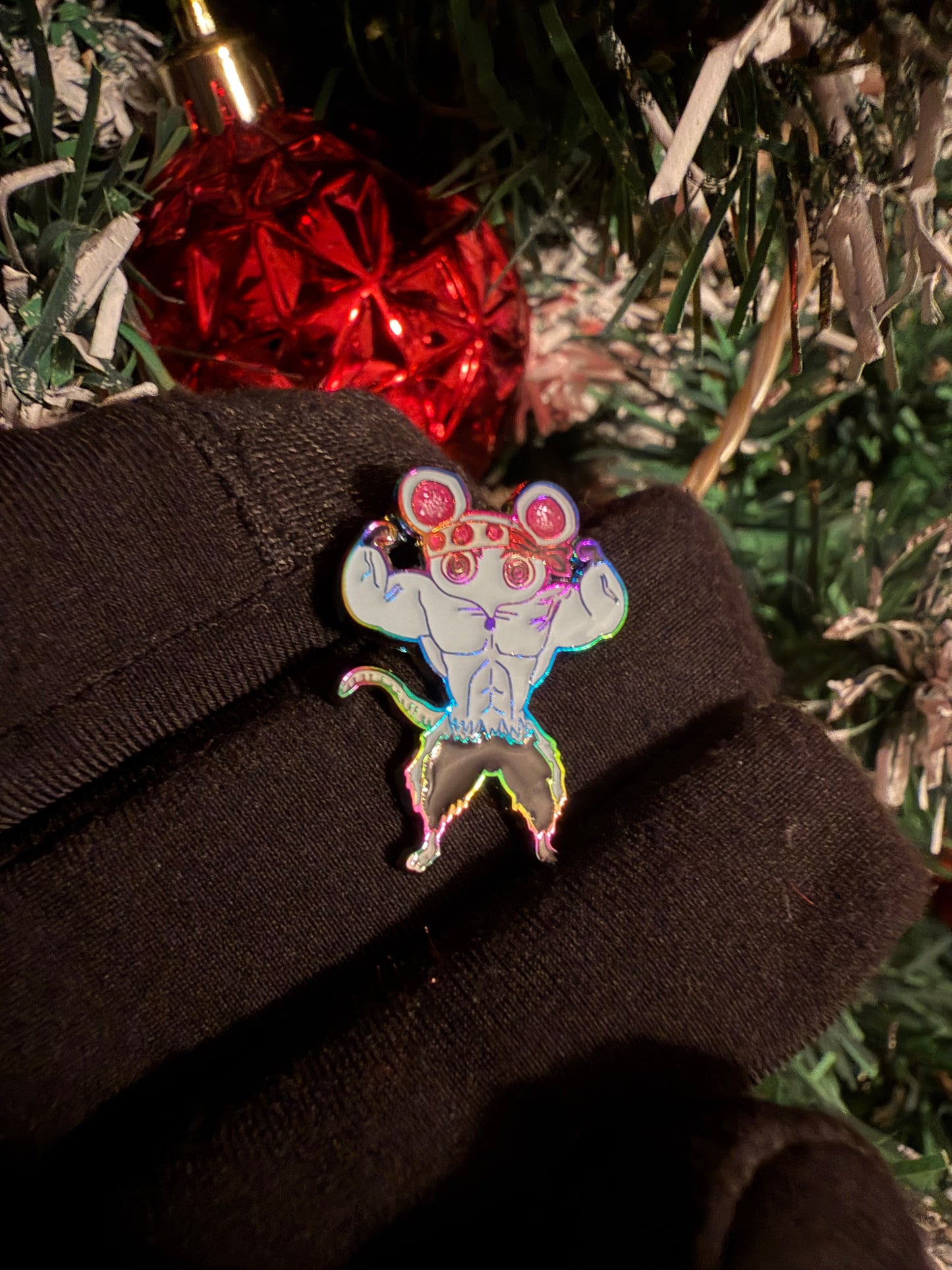 Muscle Muscle Mice enamel pin by Drip Drop Labs, featuring a detailed mouse design on a metal pin.