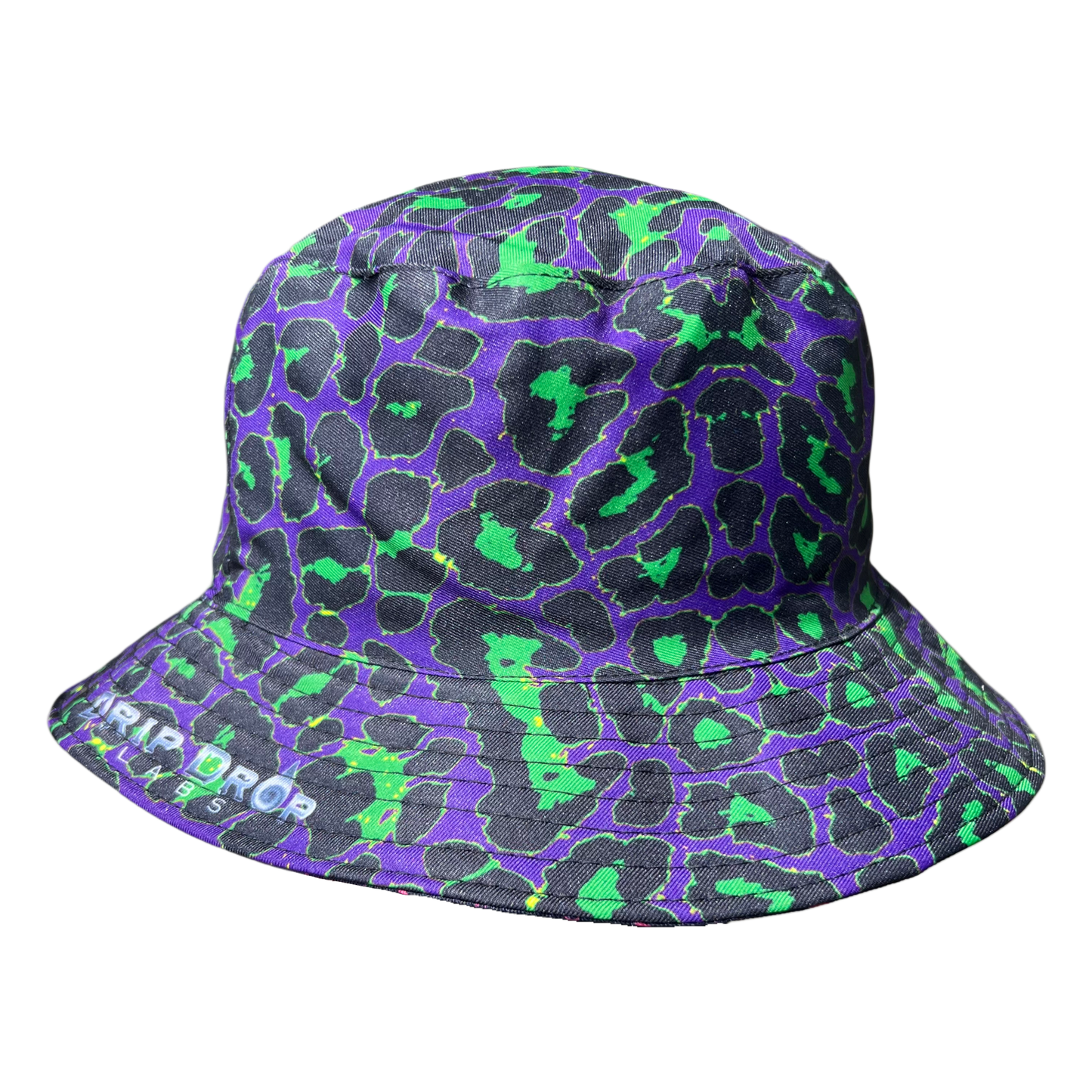 Reversible neon leopard bucket hat by Drip Drop Labs with bold animal print and vibrant colors, perfect for stylish sun protection.