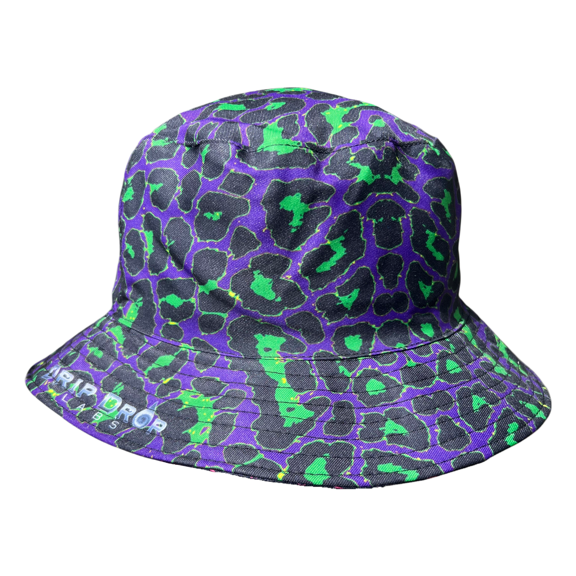 Reversible neon leopard bucket hat by Drip Drop Labs with bold animal print and vibrant colors, perfect for stylish sun protection.