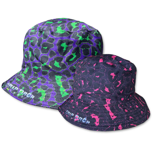 Neon leopard reversible bucket hat by Drip Drop Labs featuring bold animal print and versatile design.