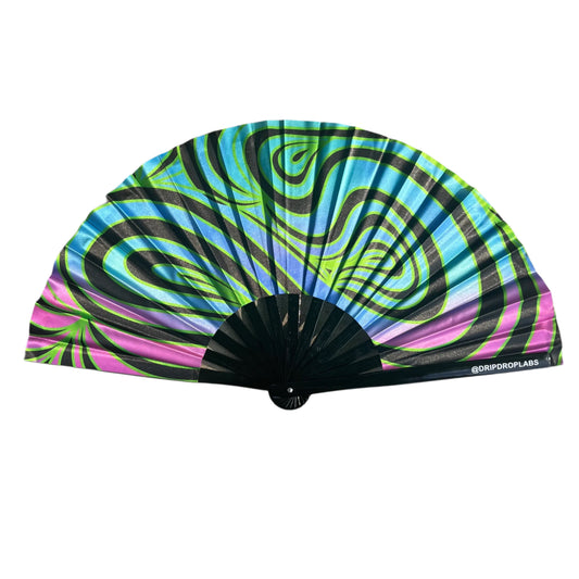 Drip Drop Labs Neon Waves Glow Fan with vibrant neon wave design, handheld fan perfect for glowing light effects.