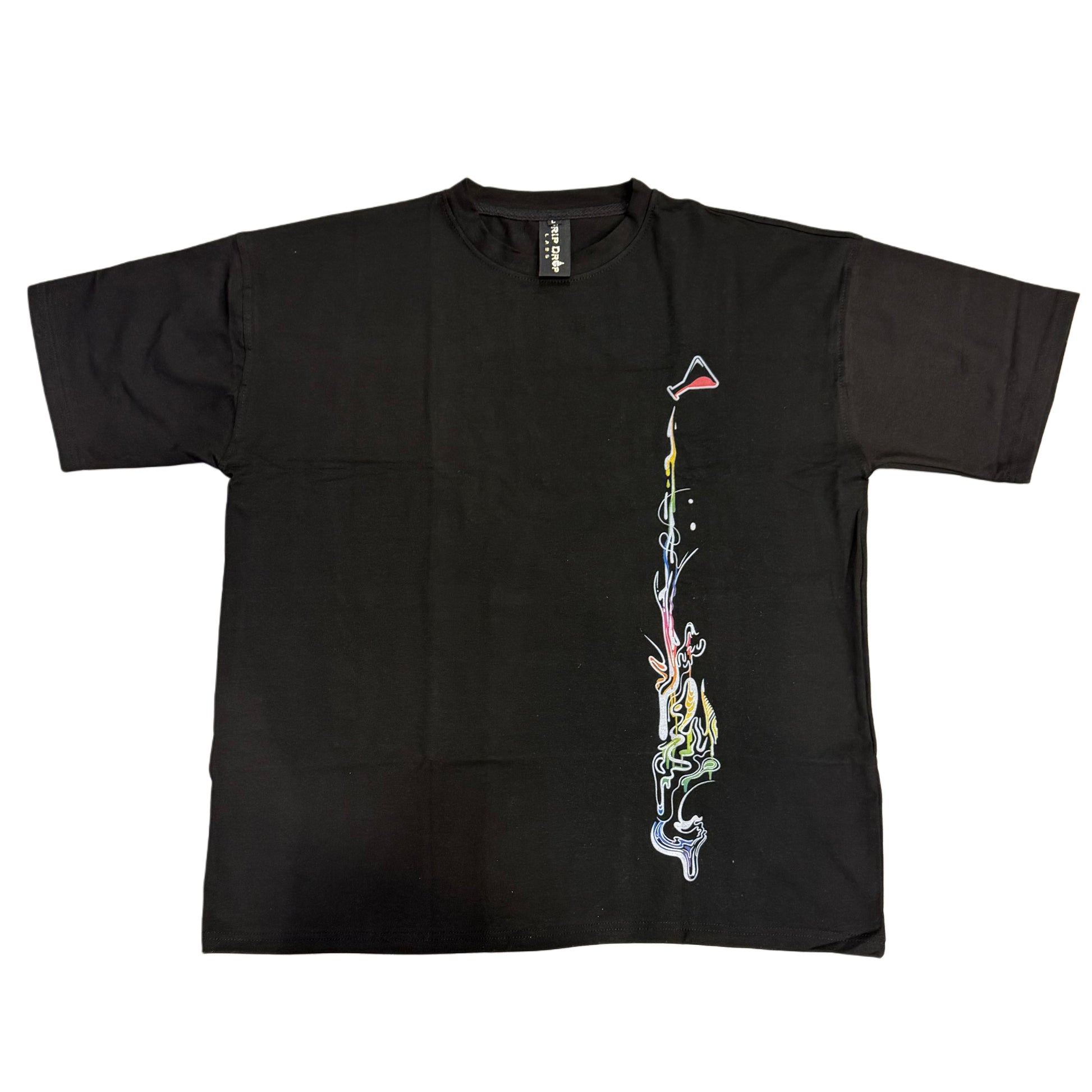 Oversized rainbow-colored shirt by Drip Drop Labs featuring bold patterns and relaxed fit, displayed on a hanger.