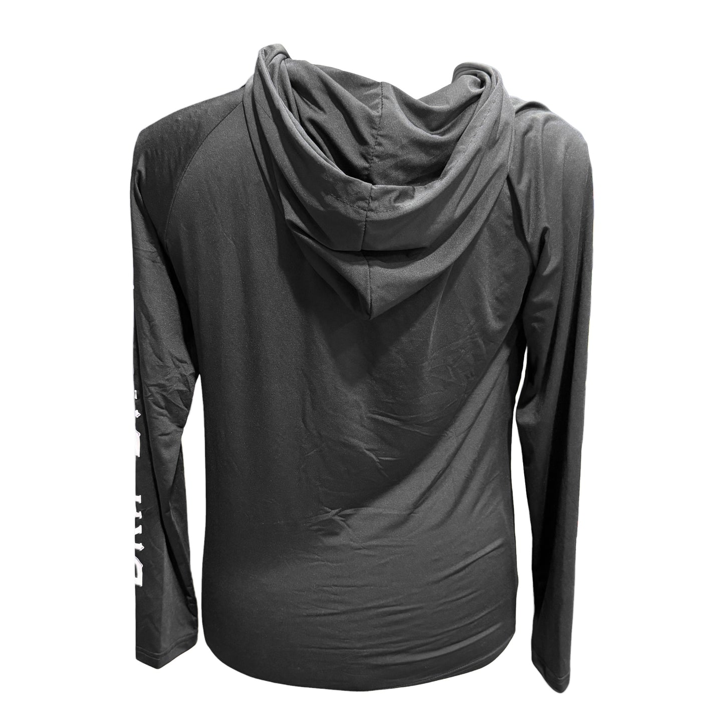 Drip Drop Labs athletic performance hoodie, black with logo, showing front view with hood and breathable fabric.