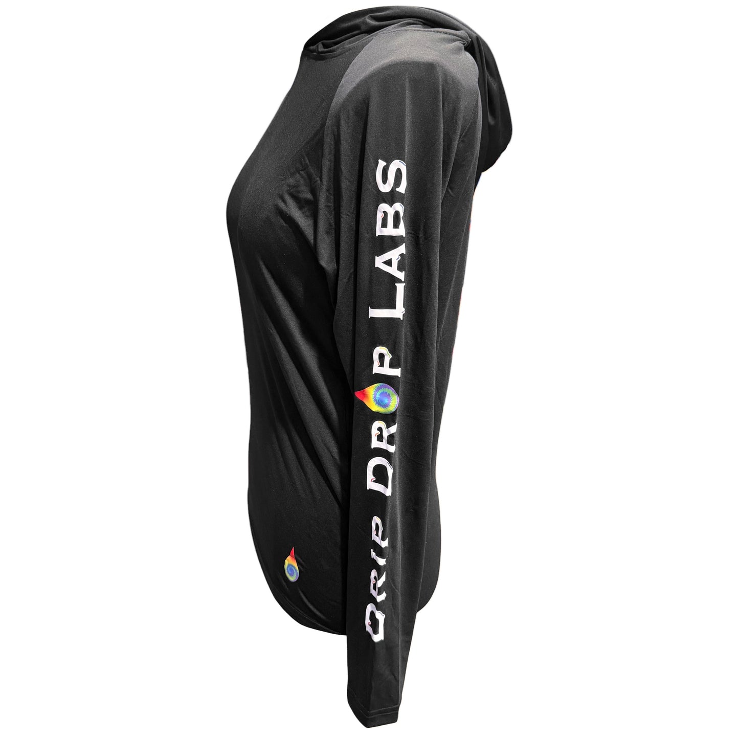 Black Drip Drop Labs Performance Hoodie, an athletic hoodie with a fitted design and breathable fabric for active wear.