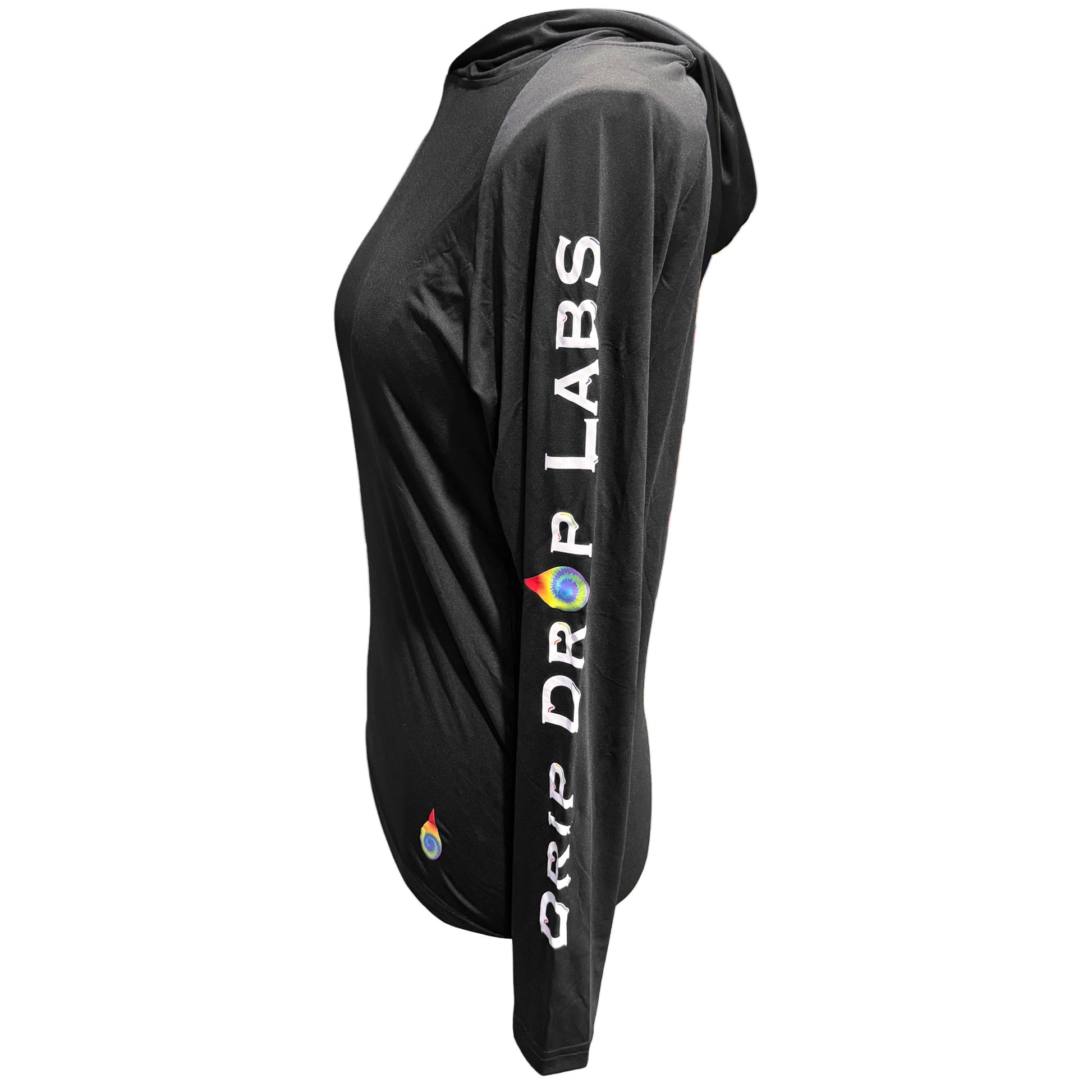 Black Drip Drop Labs Performance Hoodie, an athletic hoodie with a fitted design and breathable fabric for active wear.