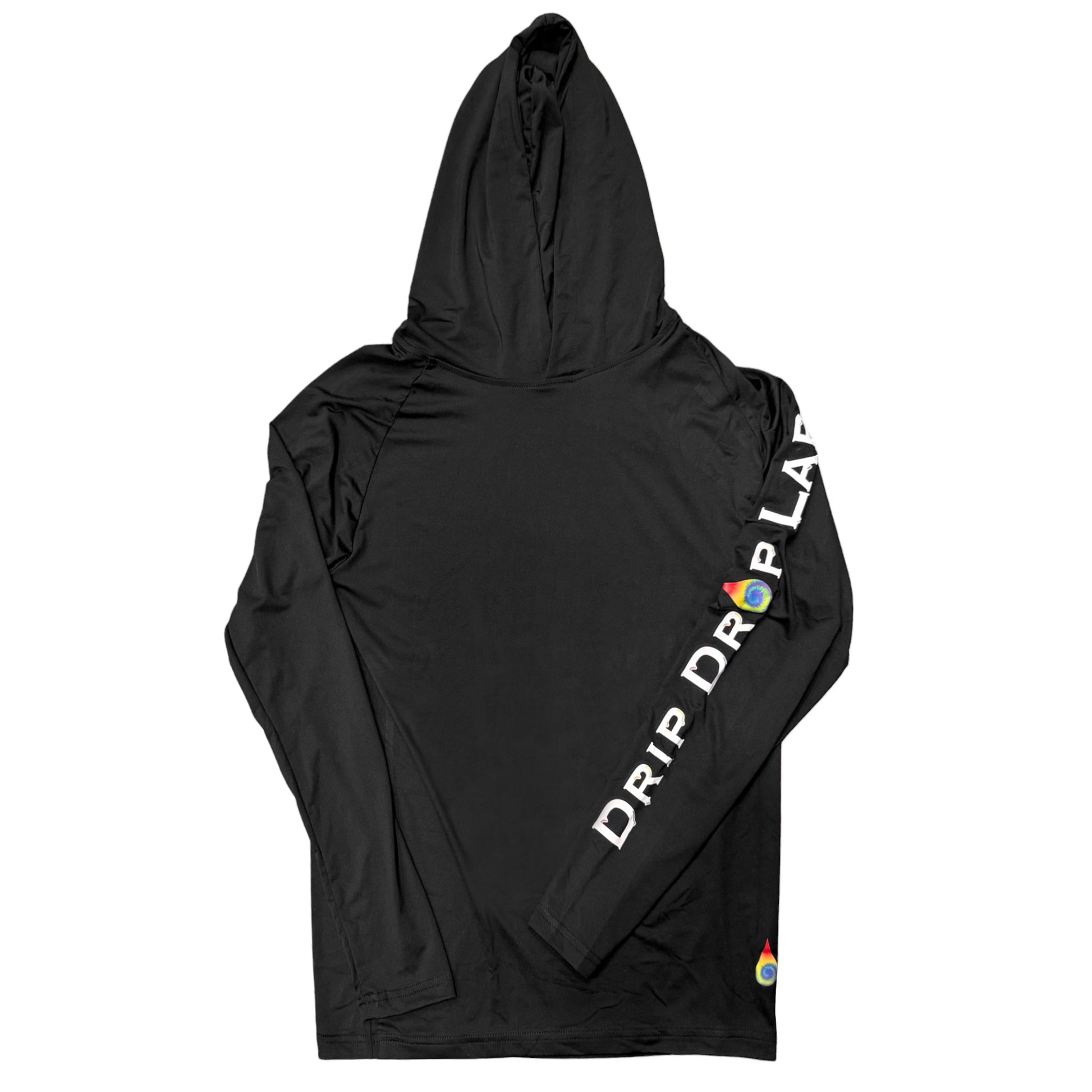 Black Drip Drop Labs Performance Hoodie, athletic hoodie with a sleek design and branded logo on the front.