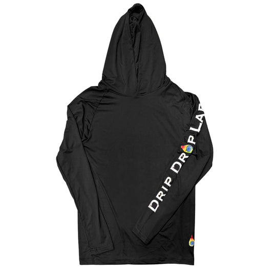 Black Drip Drop Labs athletic performance hoodie with a fitted design and logo on the chest, shown on a mannequin.