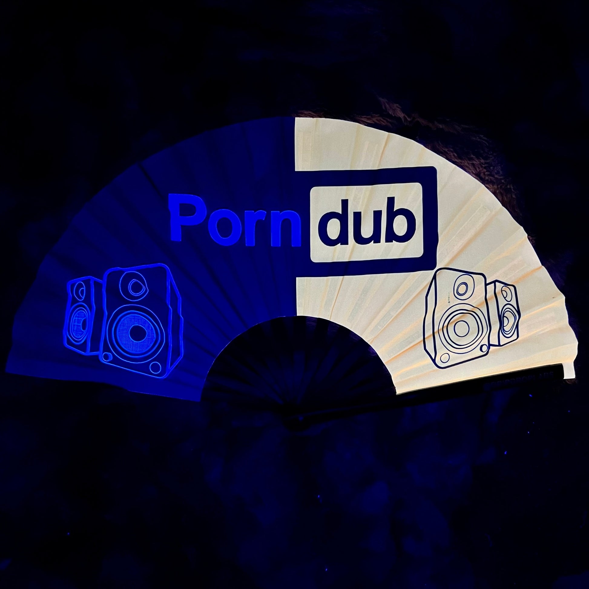 Glow fan by Drip Drop Labs, PornDub brand, featuring vibrant illuminated blades and ergonomic handle for portable cooling.