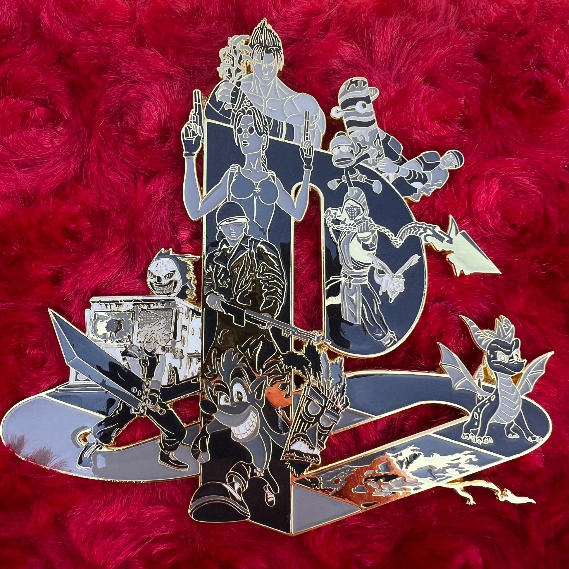 Drip Drop Labs PS Tribute pins featuring detailed enamel design and metal backing, collectible gaming-themed accessories.