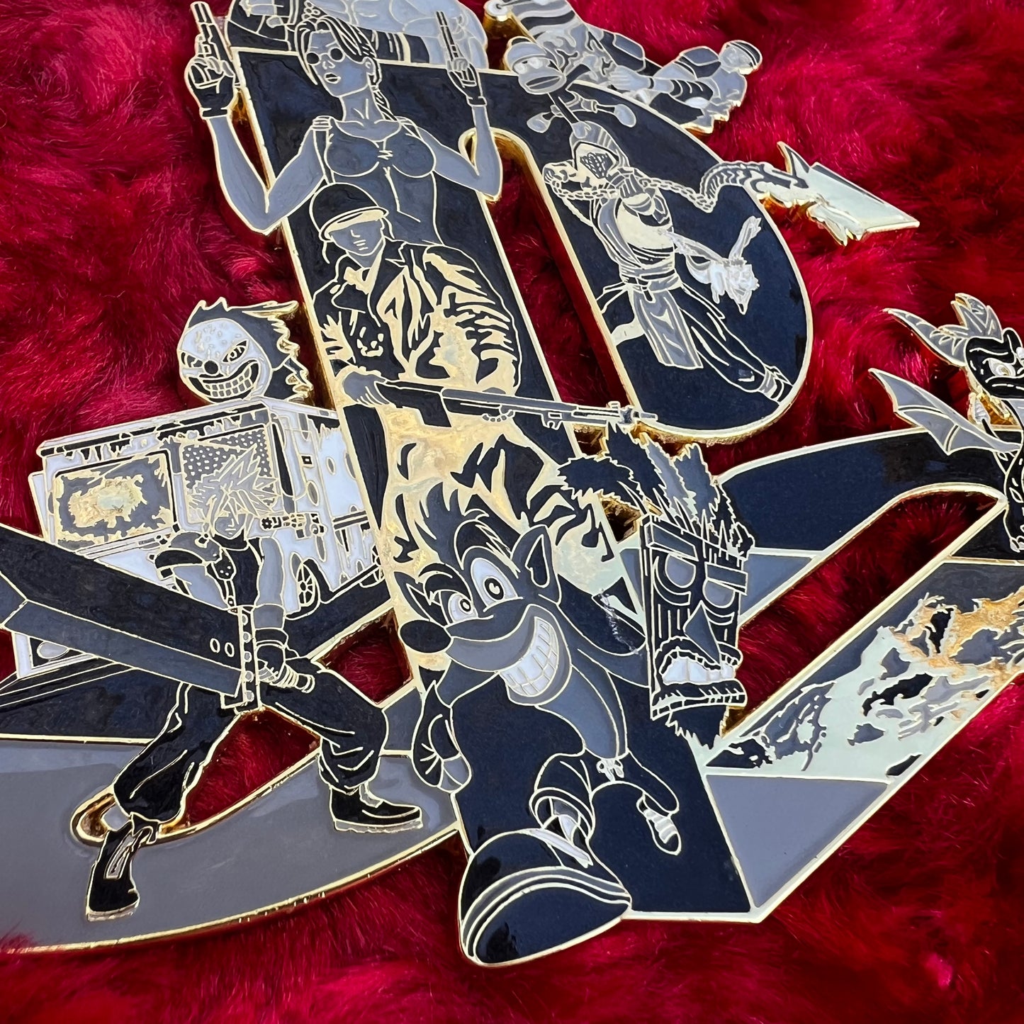 Drip Drop Labs PS Tribute pins featuring detailed design and vibrant colors on metal backing.