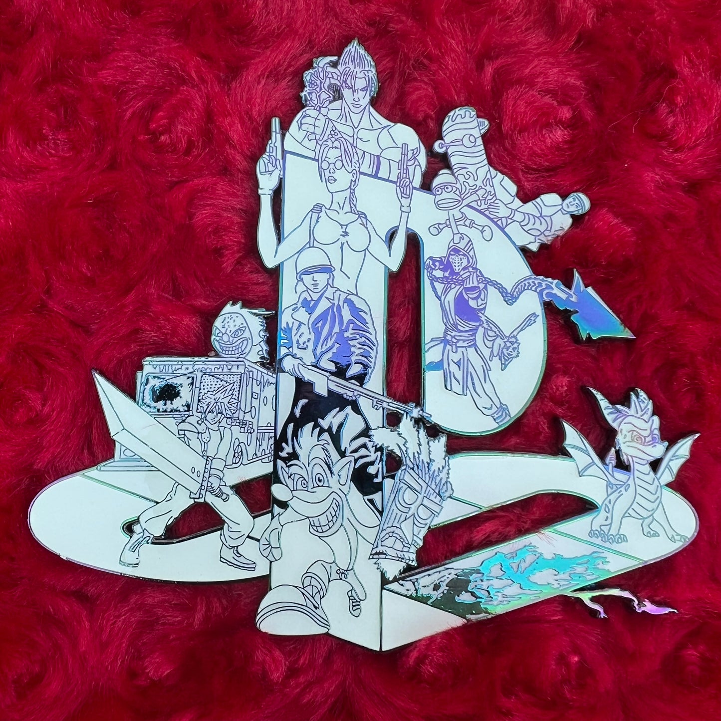 Drip Drop Labs PS Tribute pins featuring detailed enamel design and metallic finish, collectible accessories.