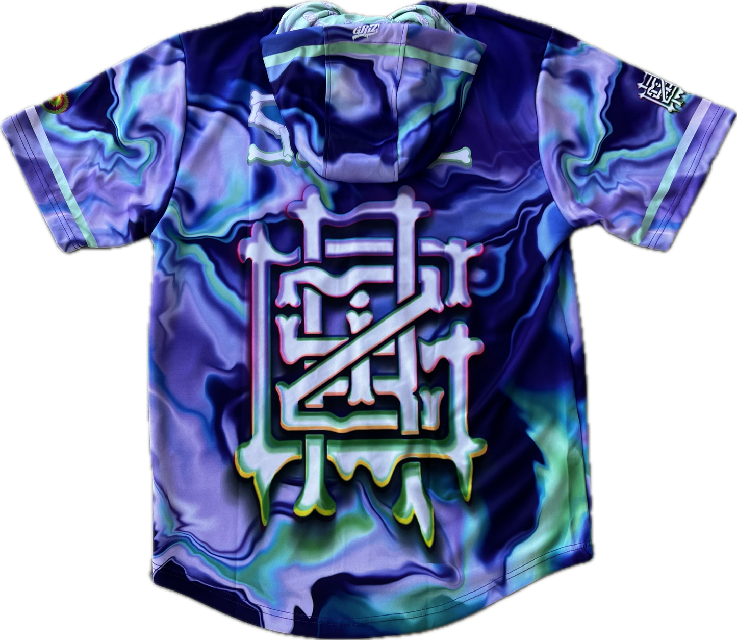 Purple GrizDrip hooded baseball jersey by Drip Drop Labs featuring team-inspired design and comfortable fabric.