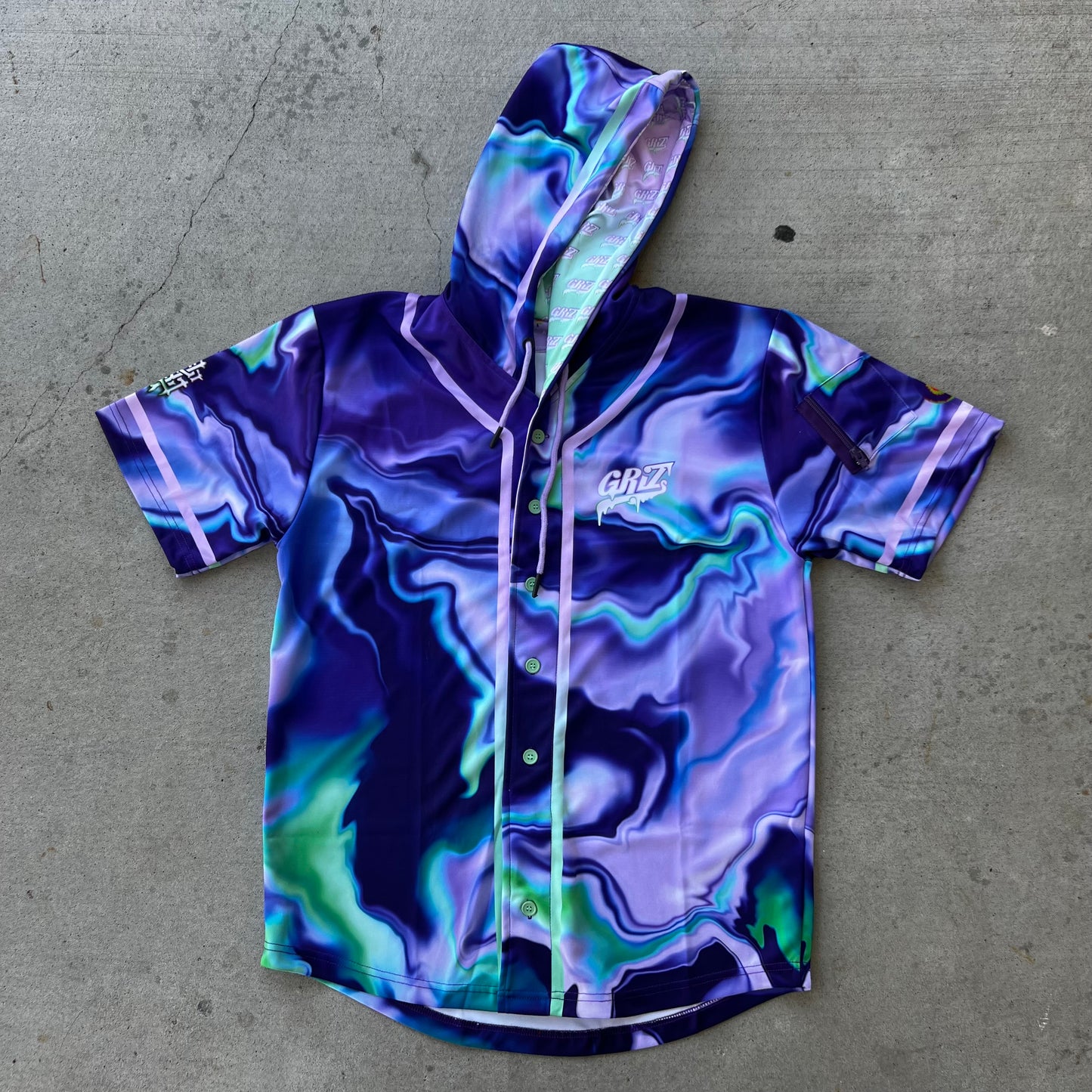 Purple GrizDrip hooded baseball jersey by Drip Drop Labs, featuring team-inspired design and athletic style.